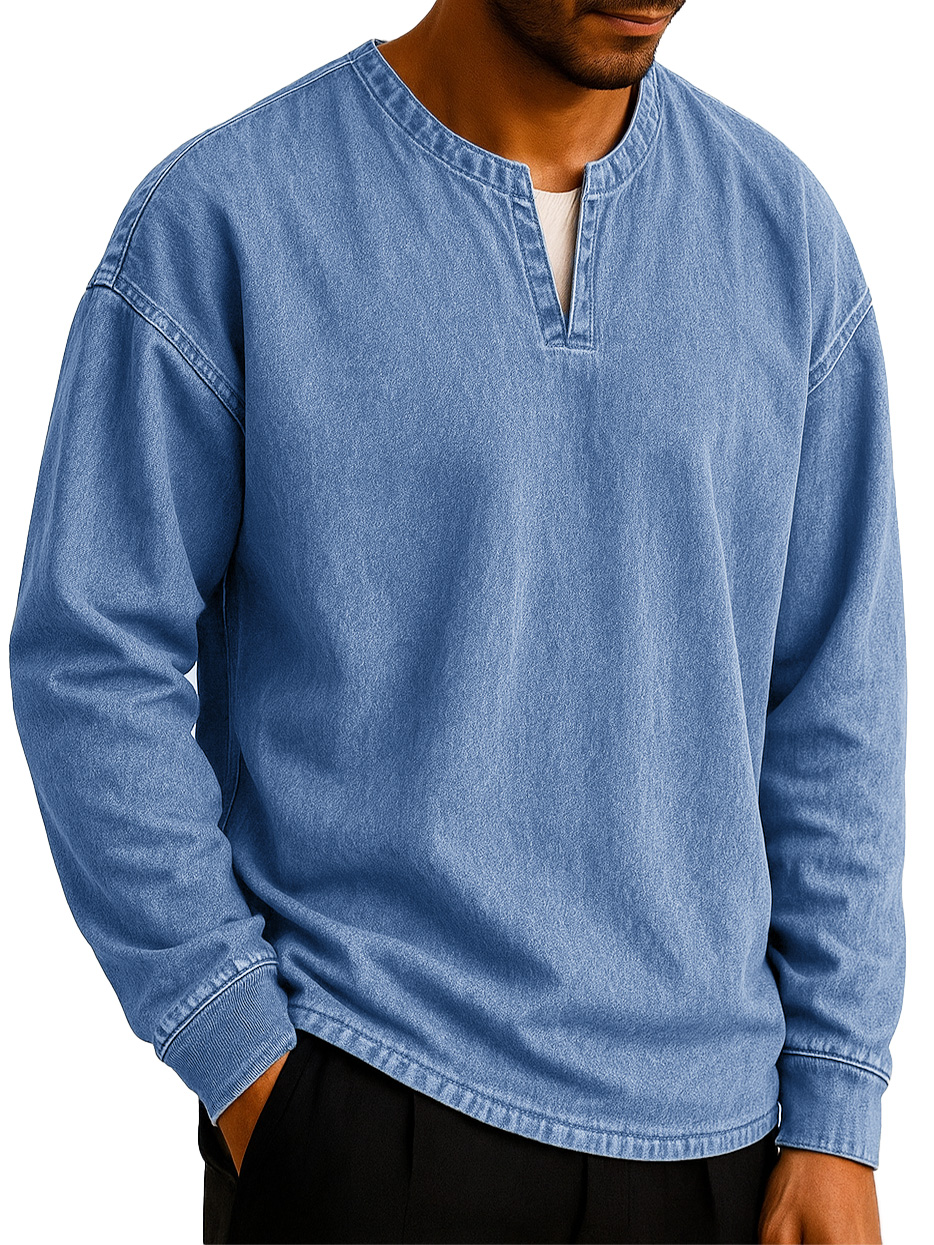 Men's Stylish Casual Outdoor V-neck Distressed Loose-fitting Long-sleeved T-shirt