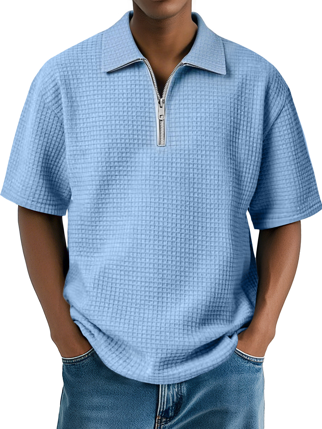 Men's Daily Waffle Lapel Zipper Casual Comfort Short Sleeve POLO Shirt