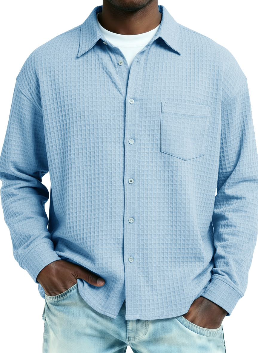Men's Fashionable Retro Large Waffle Fabric Pocket Long-Sleeved Collared Shirt