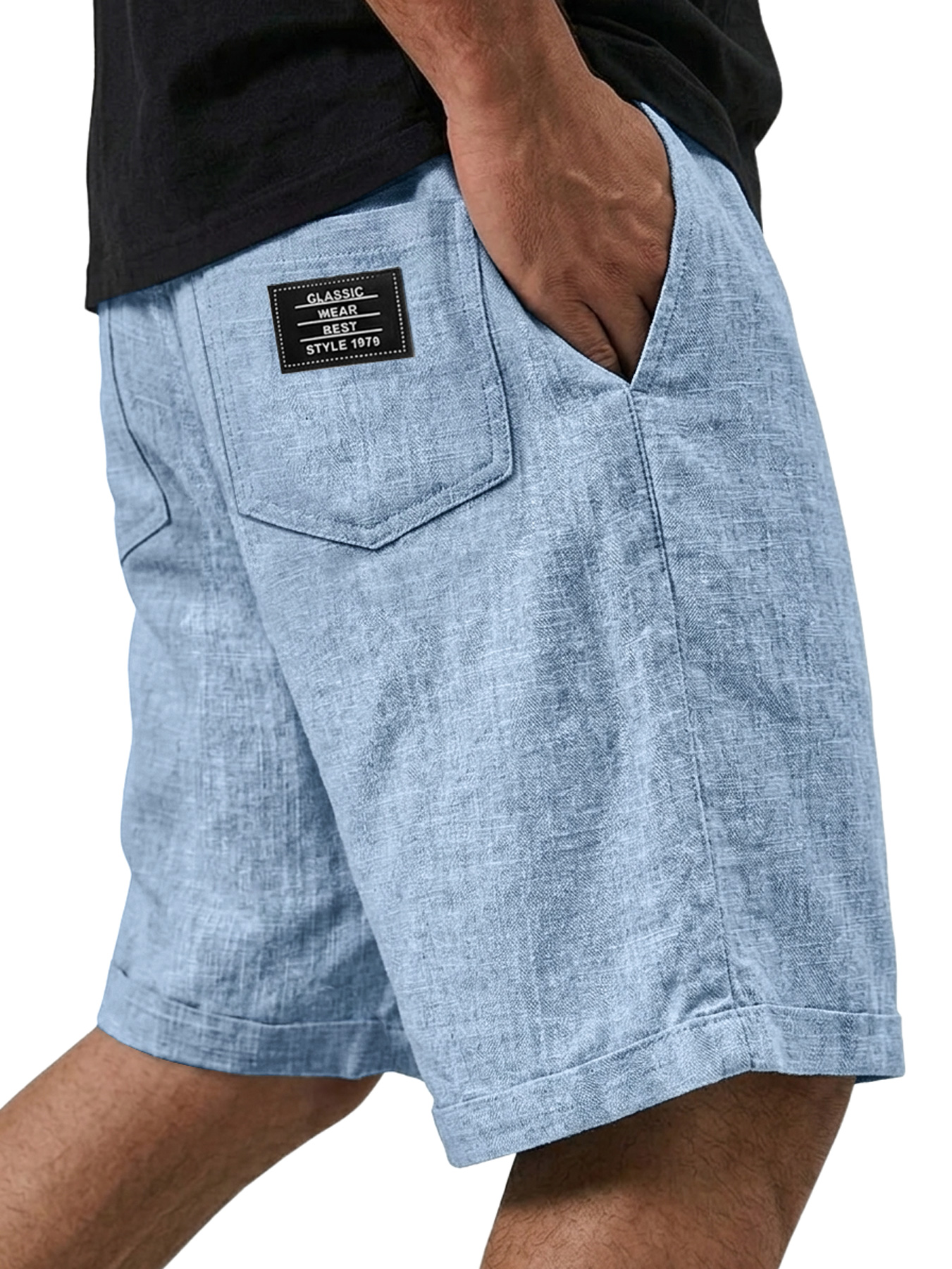Men's Casual Solid-Color Linen Shorts with Embroidered Logo