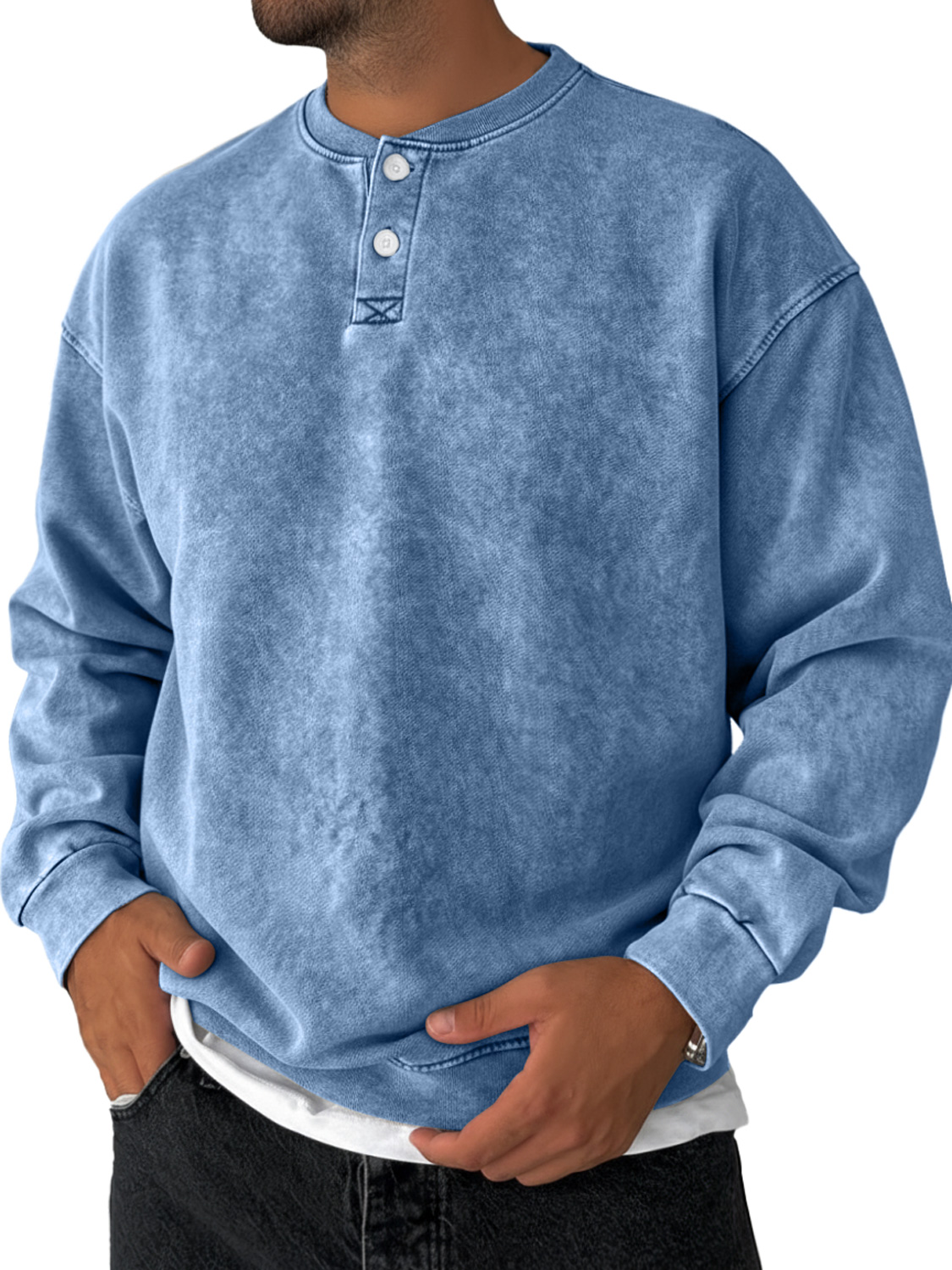 Men's Retro Solid Color Casual Loose Henley Sweatshirt
