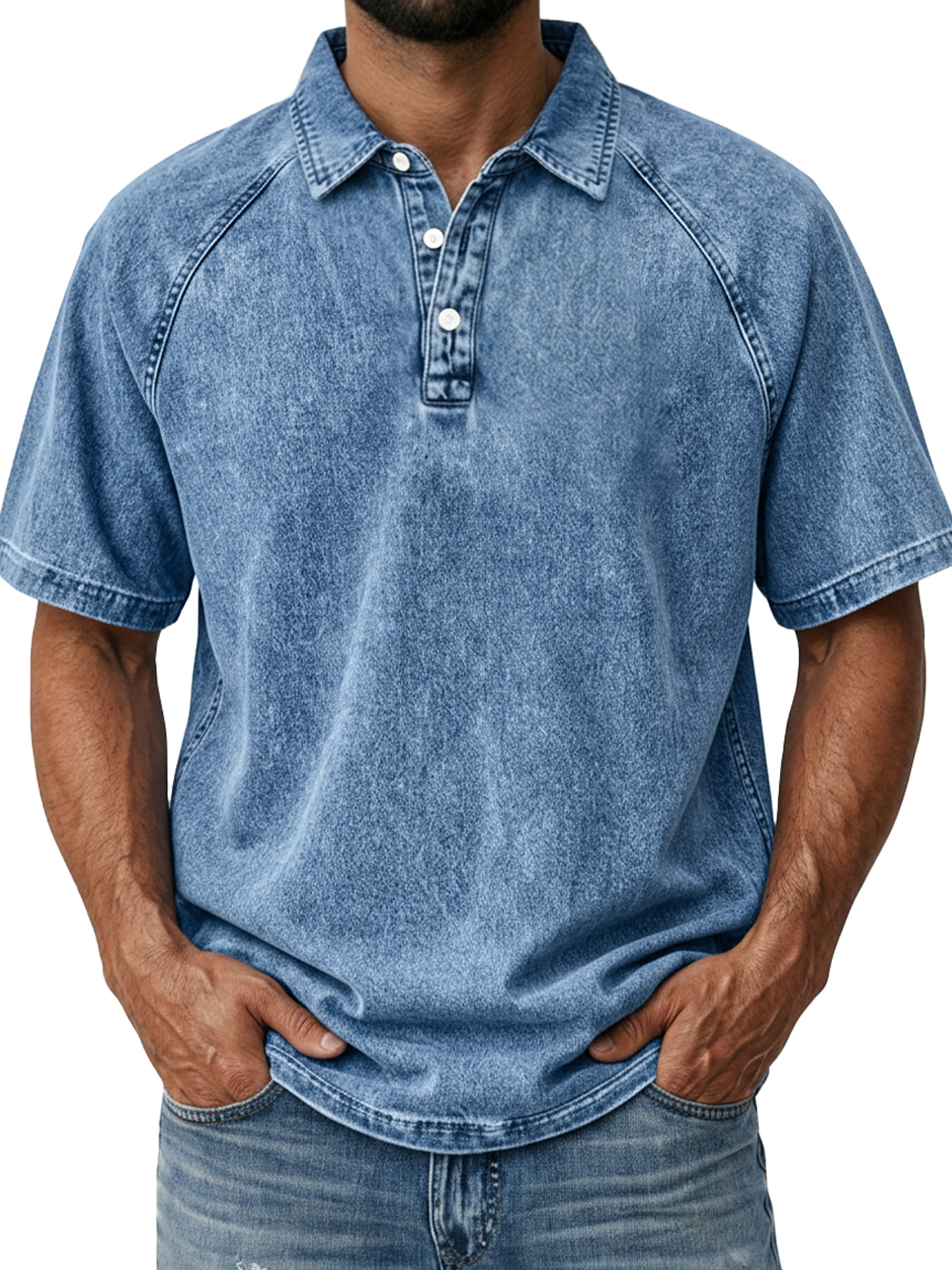 Men's Casual Retro Raglan Collar Button-Down Short Sleeve Polo Shirt