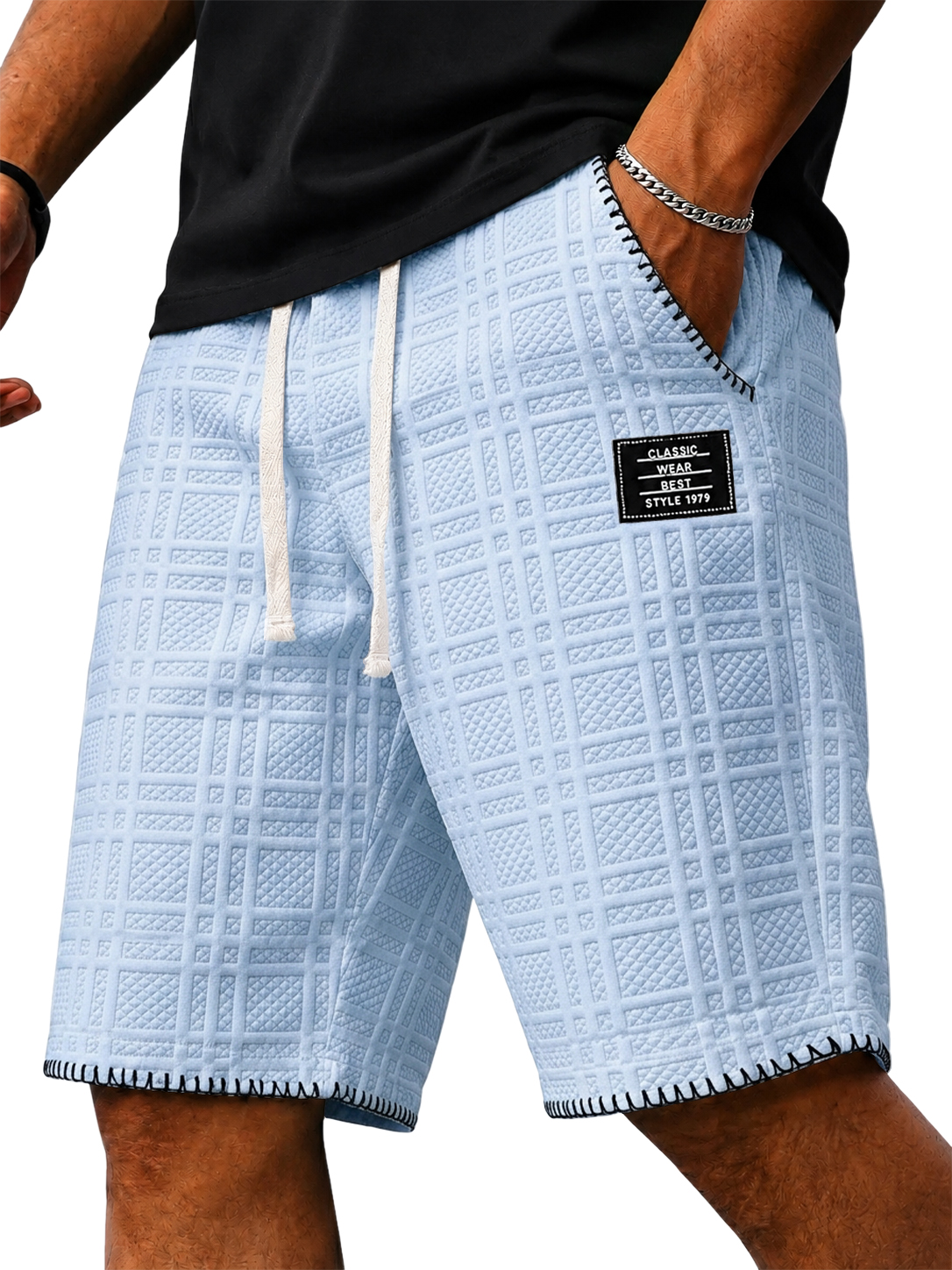 Jacquard Plaid Textured Embroidered Logo Casual Shorts