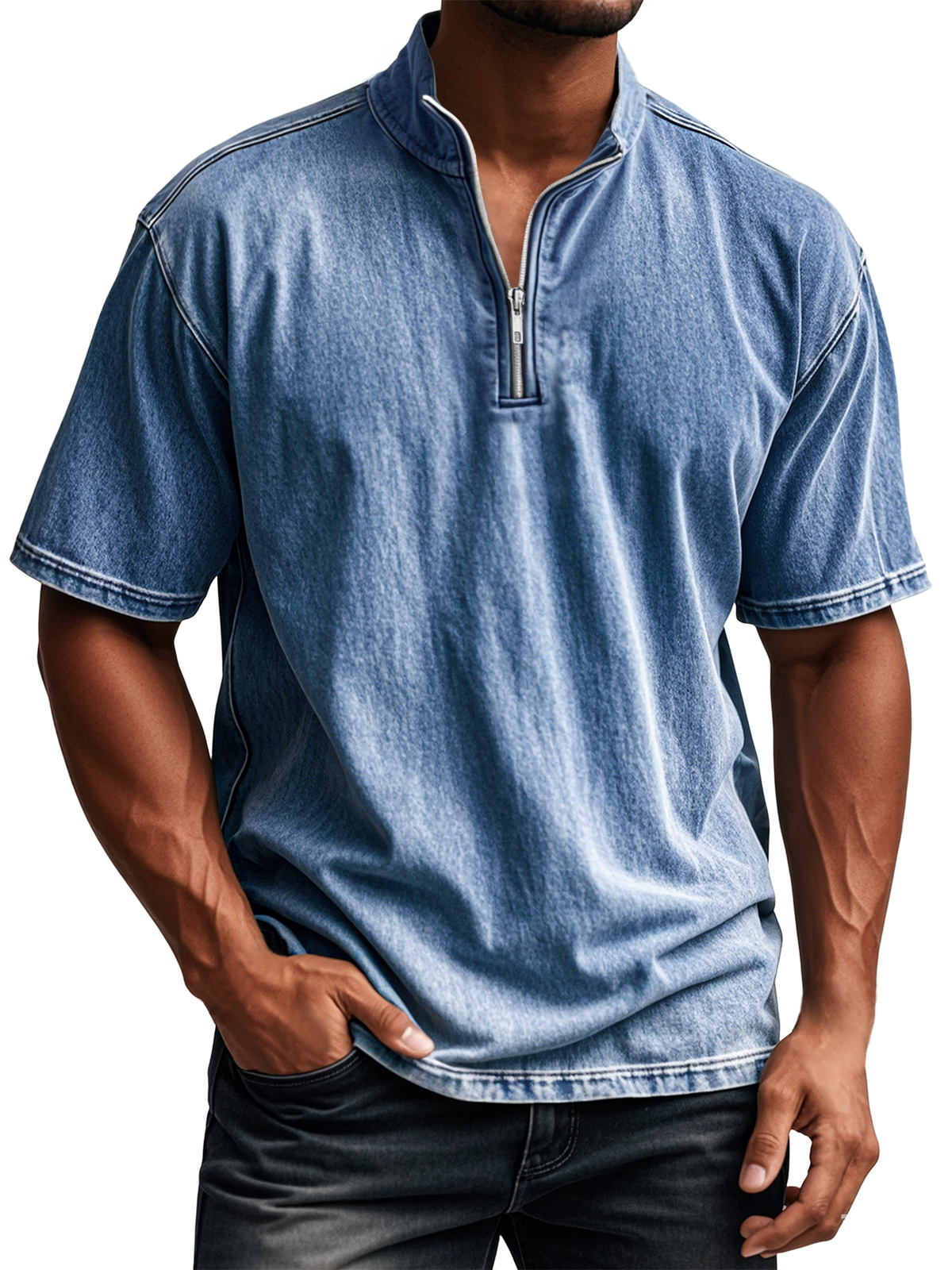 Men's Retro Everyday Stand Collar Quarter Zip Casual Short Sleeve T-Shirt