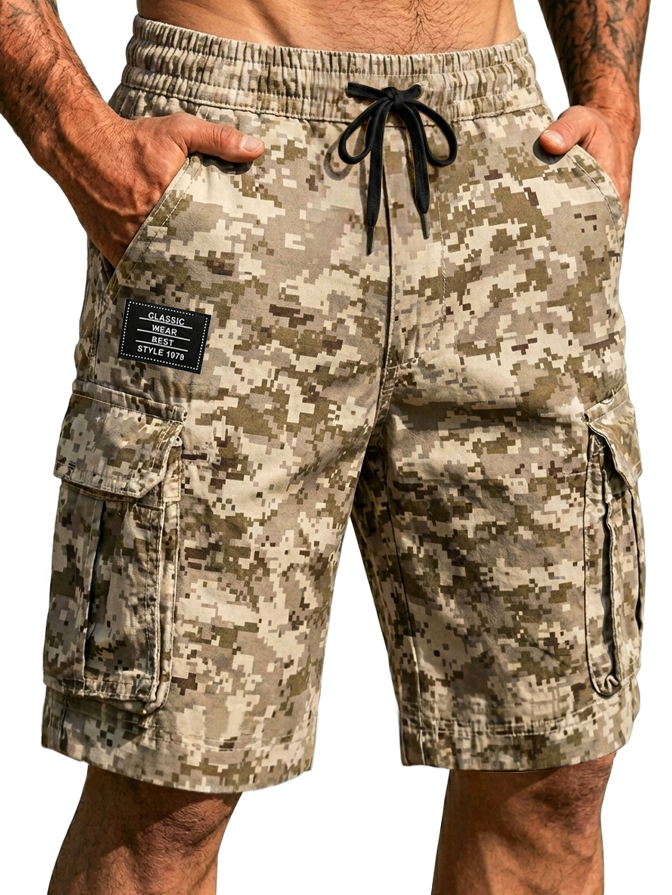 Men's Pixel Camouflage Multi-pocket Embroidered Logo Casual Work Shorts