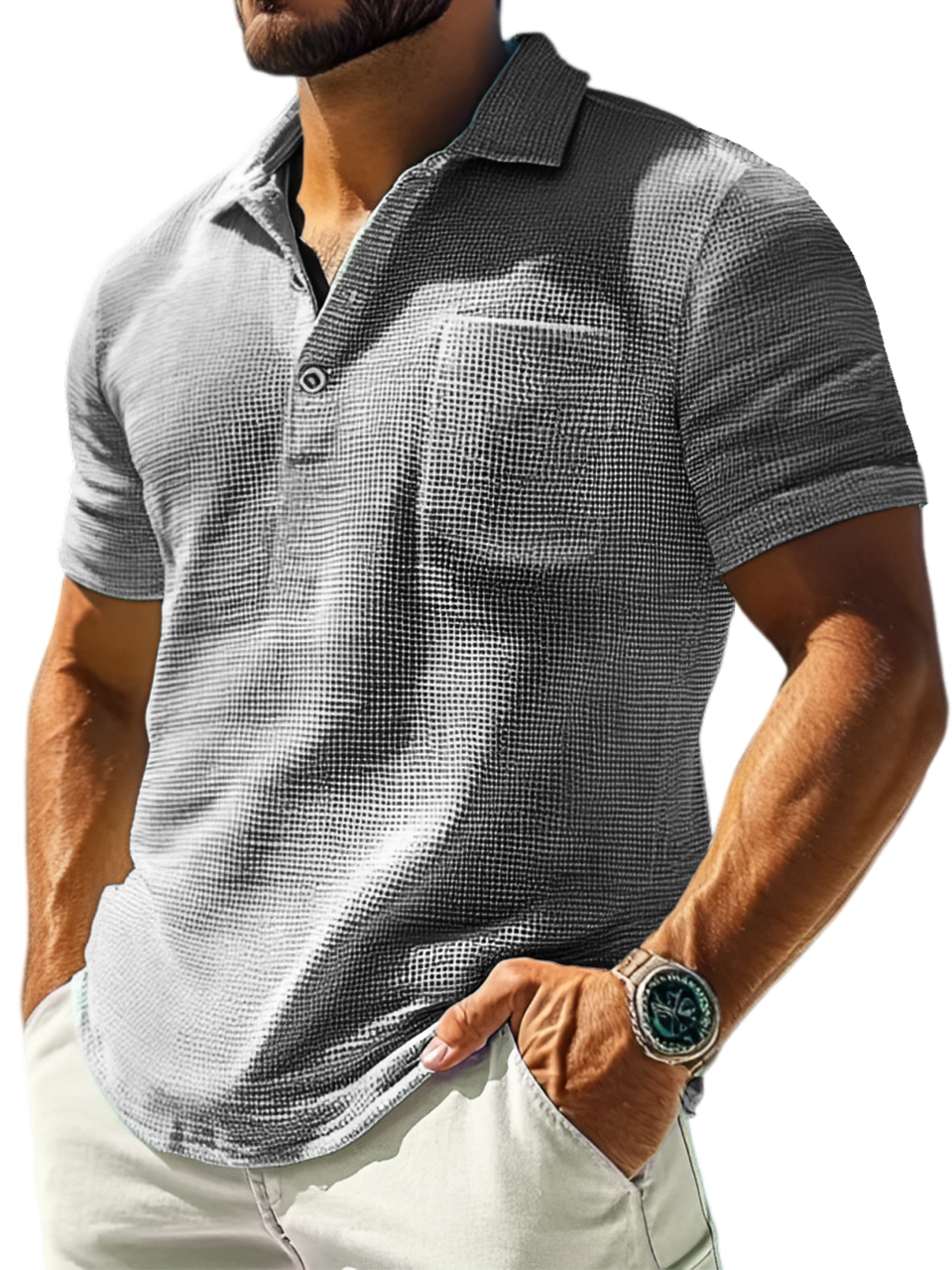 Men's Fashion Casual Short-sleeved Lapel Polo Shirt With Waffle Fabric