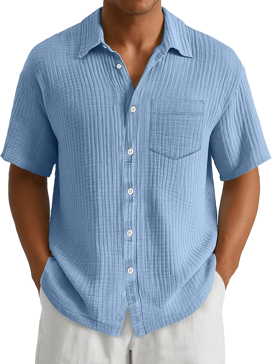 Men's Daily Casual Pleated Pocket Simple And Comfortable Short-Sleeved Shirt