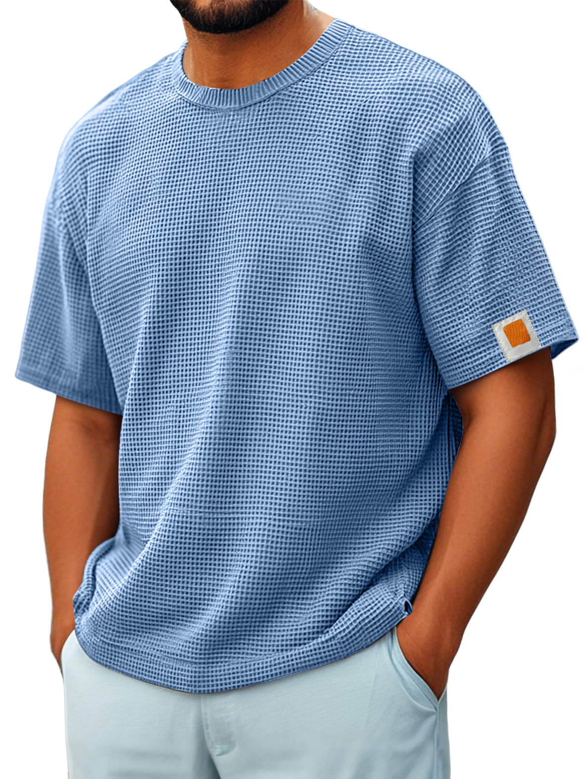 Men's Vintage Crew Neck Waffle Embroidered Logo Comfort Short Sleeve T-Shirt