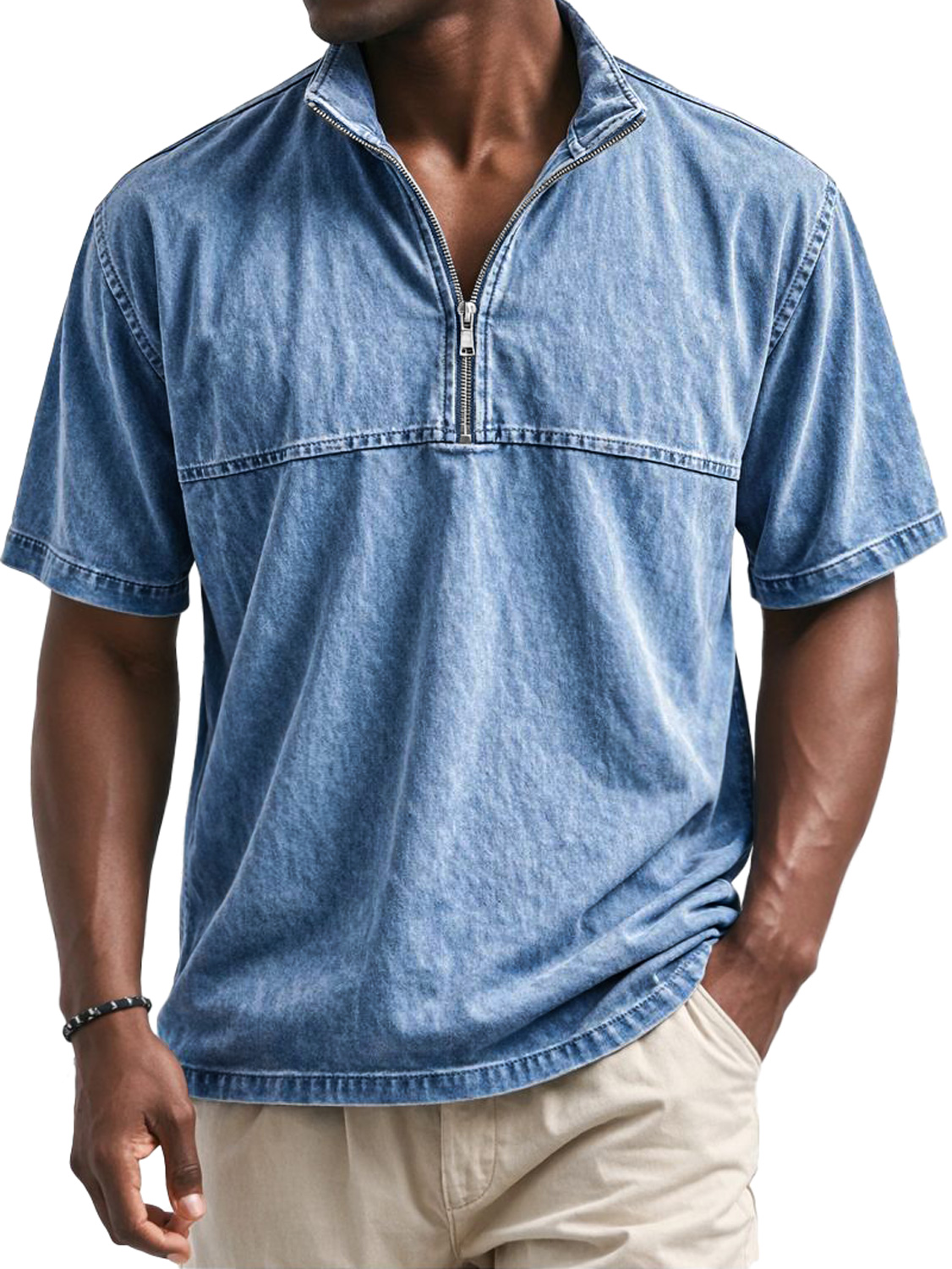 Men's Vintage Stand-collar Short-sleeved T-shirt With Zipper And Panel Design