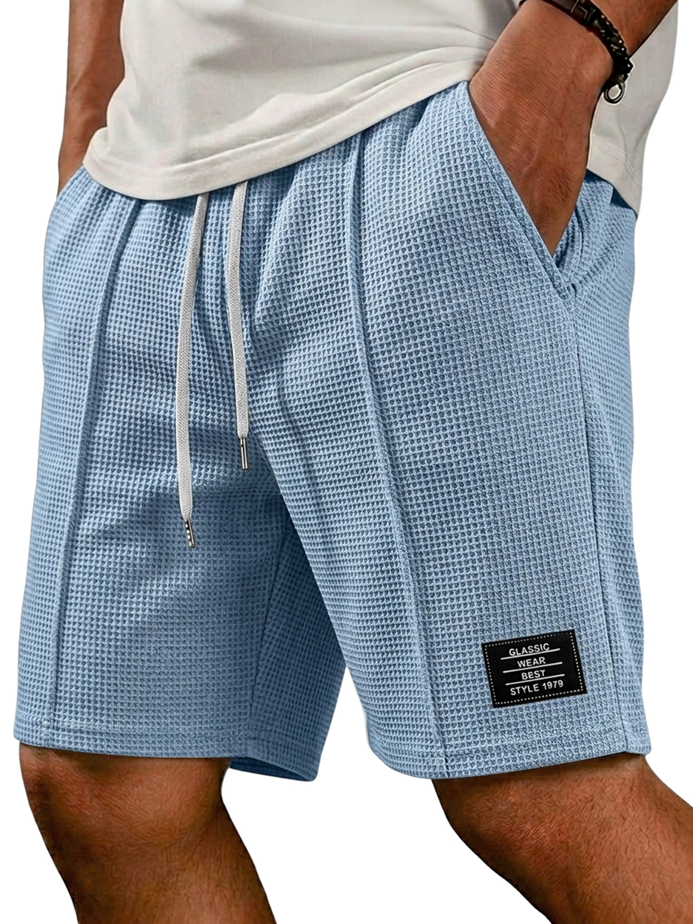 Men's Waffle Embroidered Logo Casual Solid Color Shorts