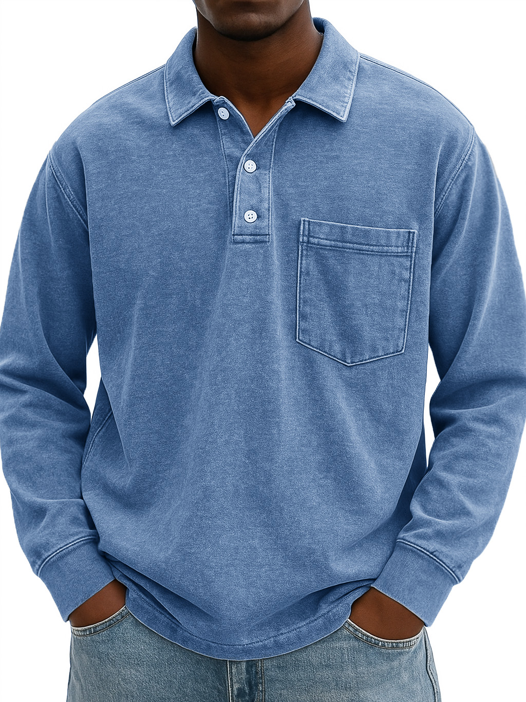Men's Stylish Vintage Distressed Pocket Lapel Long-sleeved Polo Shirt