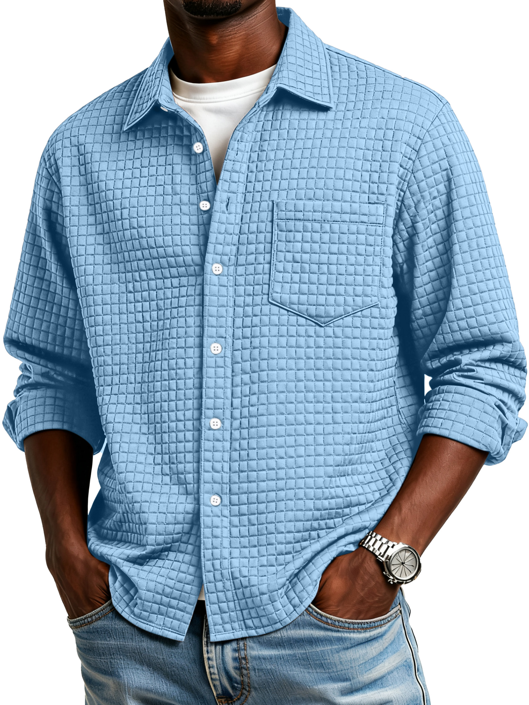 Men's Simple Small Checkered Textured Lapel Button-down Long-sleeved Shirt
