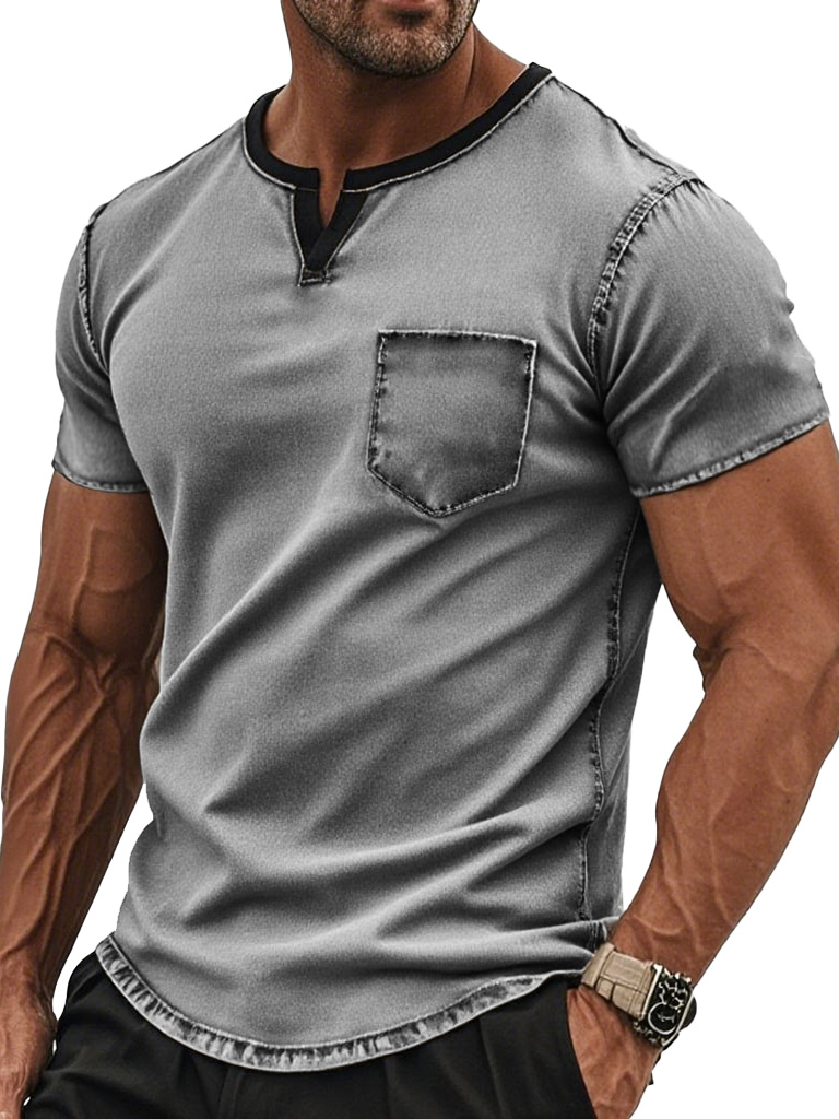 Men's Fashion Retro Pocket V-neck Pocket Short-sleeved T-shirt