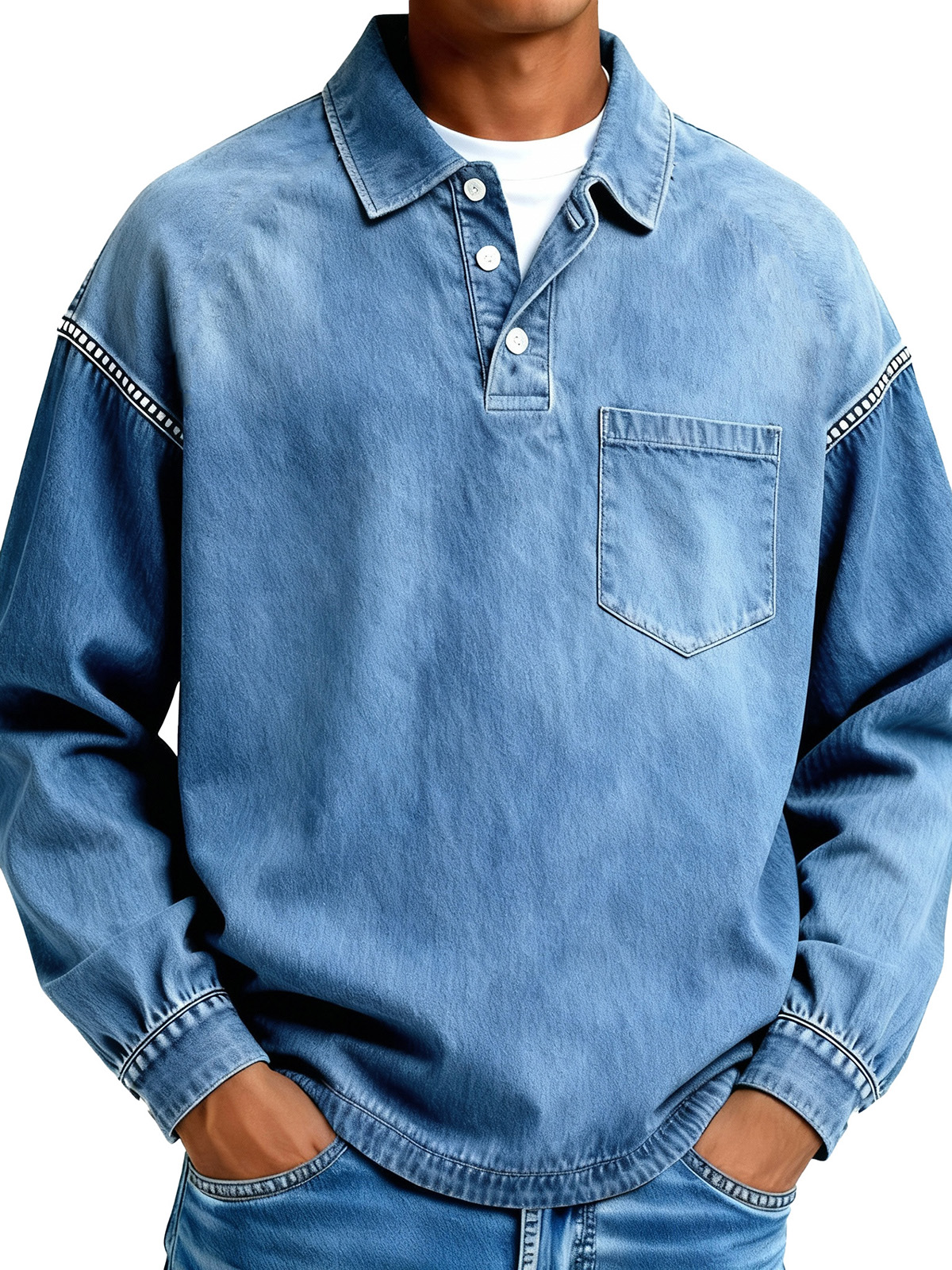 Men's Fashionable Retro Distressed Pocket Collar Long-Sleeve Polo Shirt