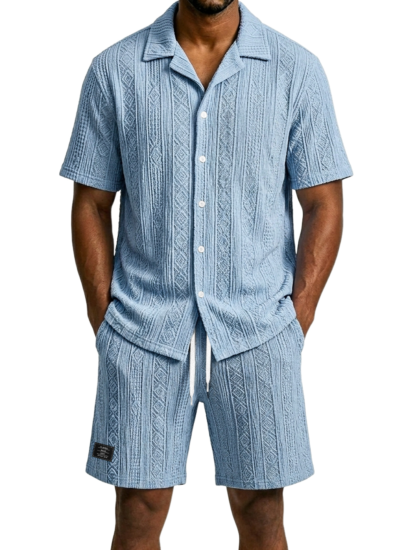Men's Casual Jacquard Textured Solid Color Shirt and Shorts Two-Piece Set