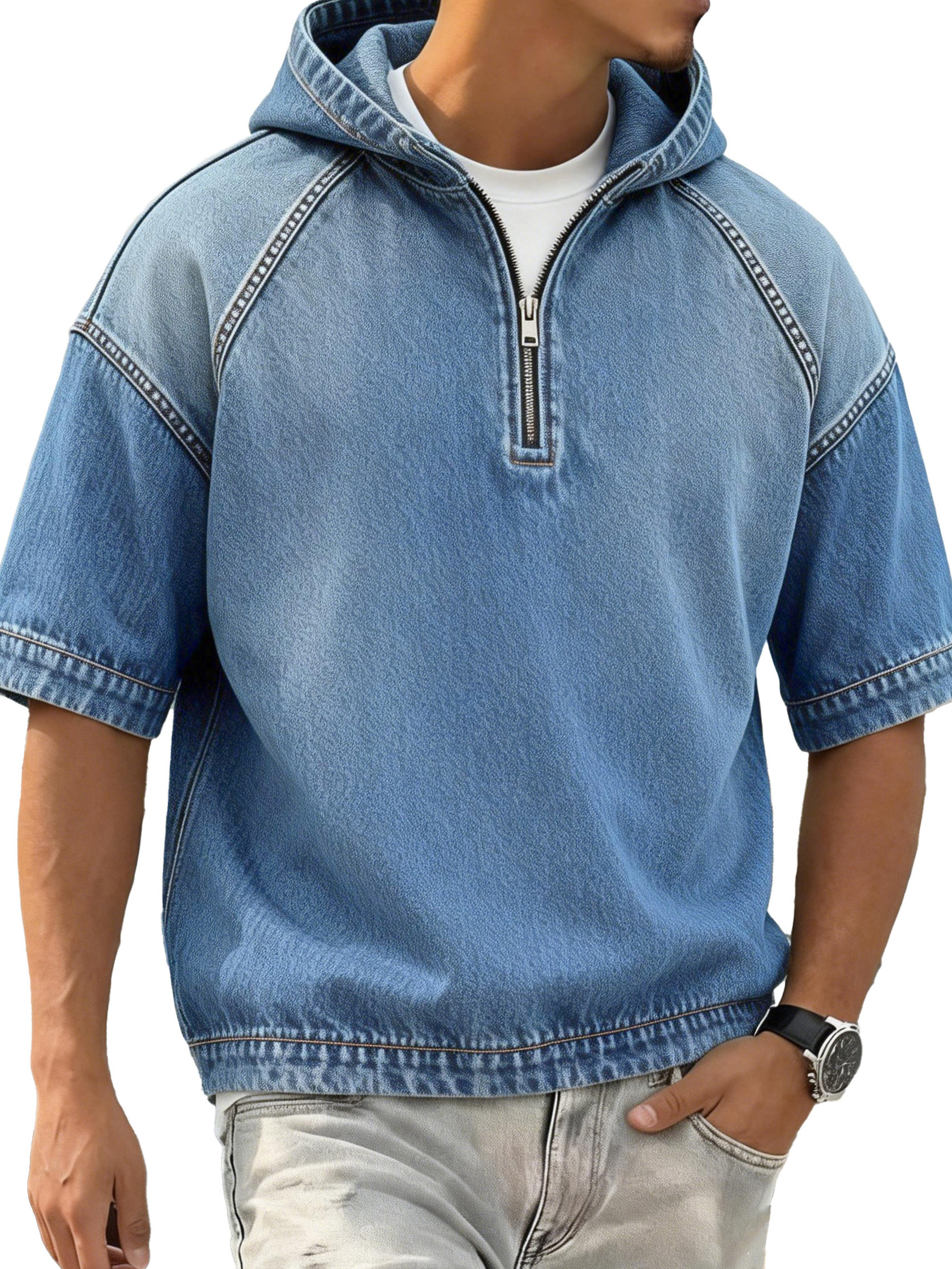 Men's Retro Distressed Raglan Short-Sleeve Sporty Hoodie