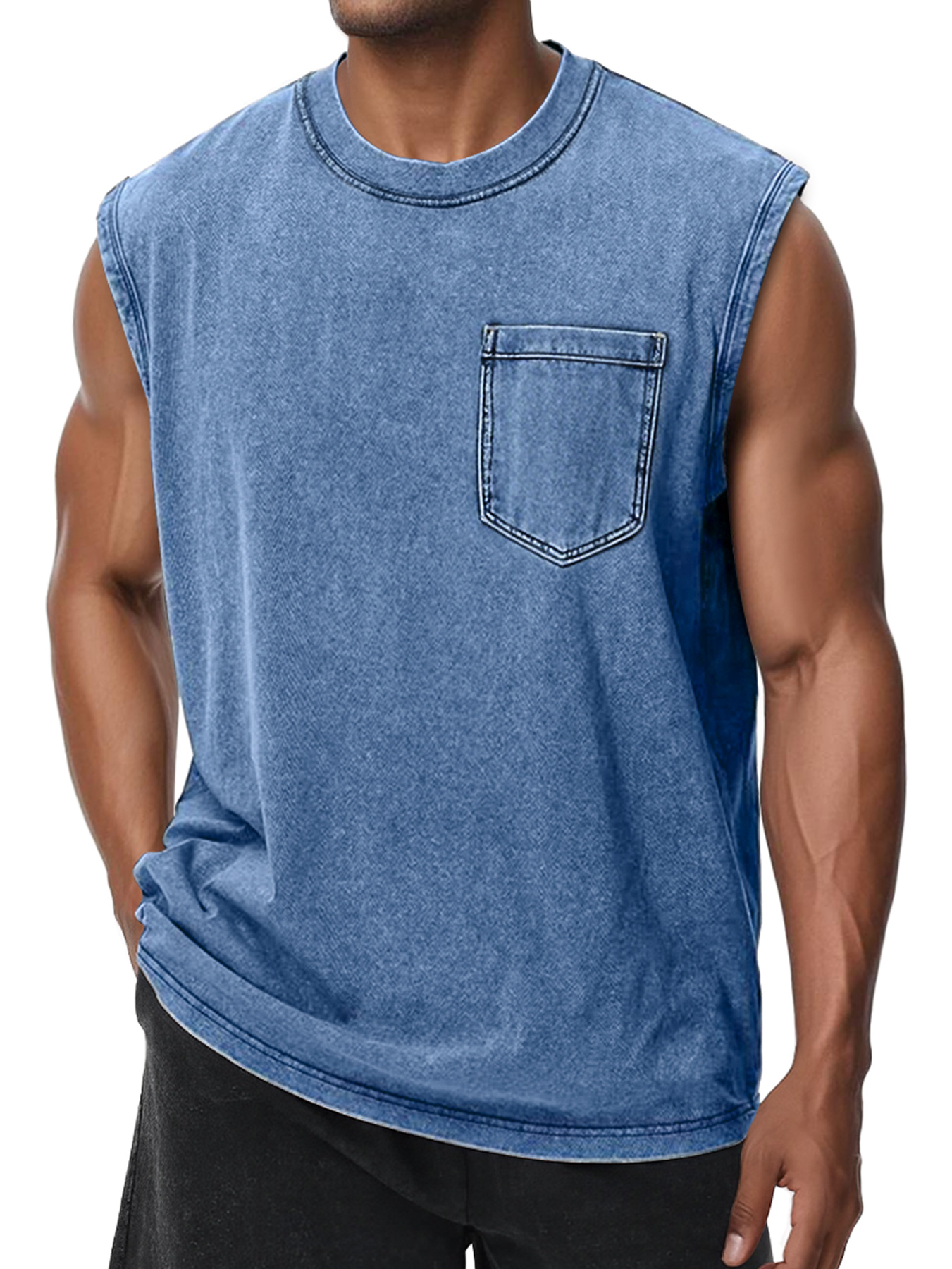 Men's Retro Washed Cotton Round Neck Pocket Casual Sleeveless Vest