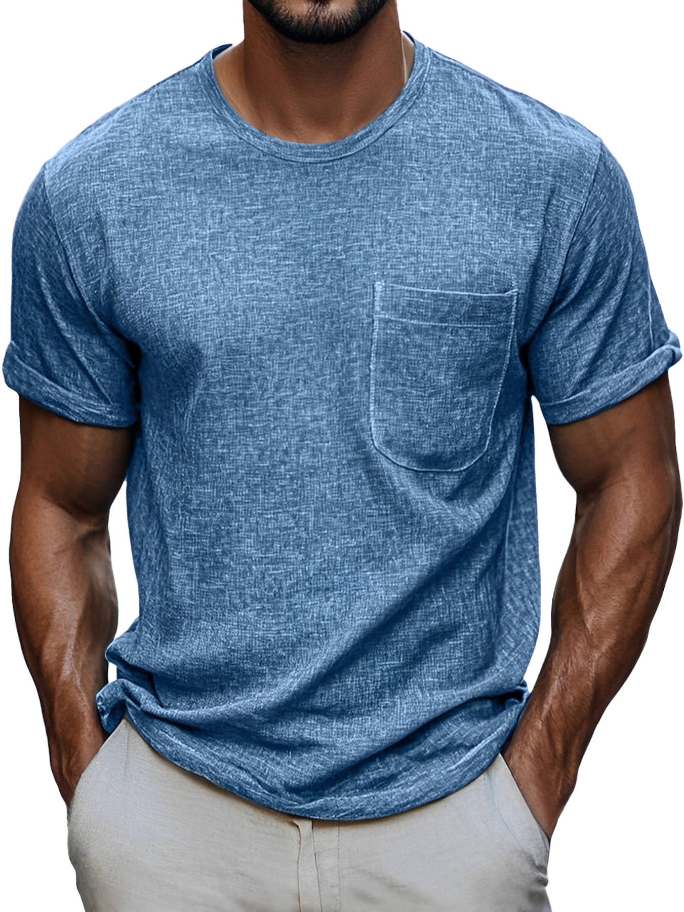 Men's Daily Round Neck Pocket Casual Comfortable Solid Color Short Sleeve T-shirt