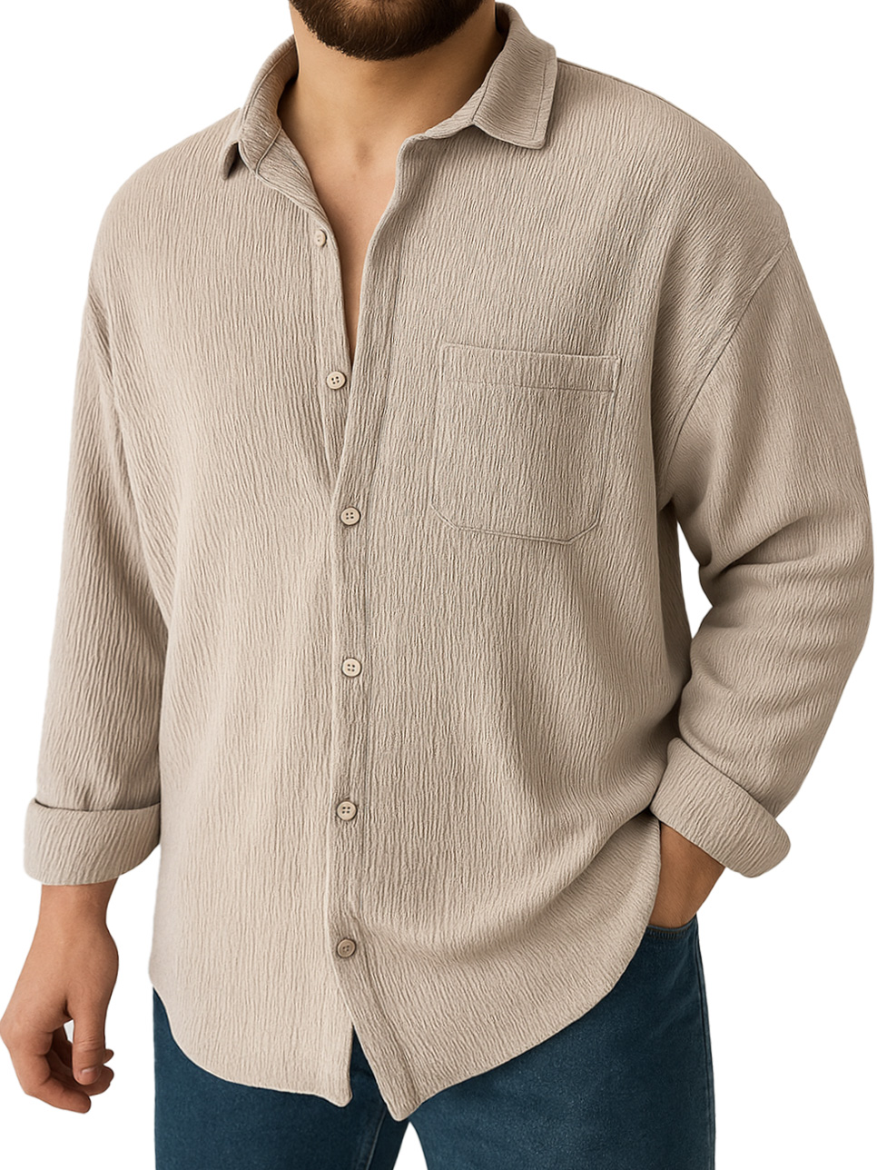 Men's Clothing Fashionable Daily Jacquard Texture Fabric Loose Pockets Long-sleeved Lapel Shirt