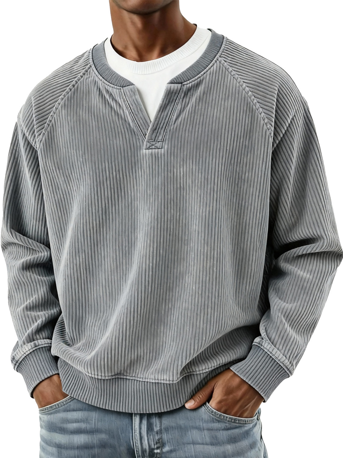 Men's Fashionable Casual Vertical Striped Corduroy Fabric Faux Two-piece Long-sleeved Top