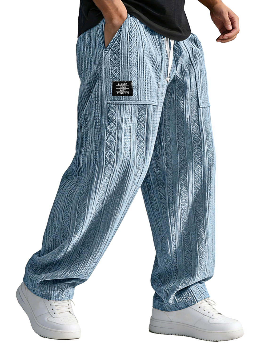 Men's Casual Jacquard Trousers With Patch Pockets And Embroidered Logo, Loose Fit