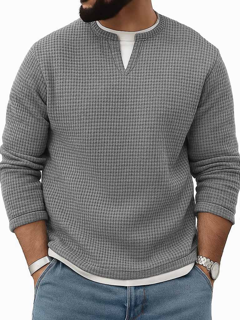 Men's Stylish Vintage Waffle Fabric V-neck Simulated Two-piece Loose-fitting Long-sleeved T-shirt