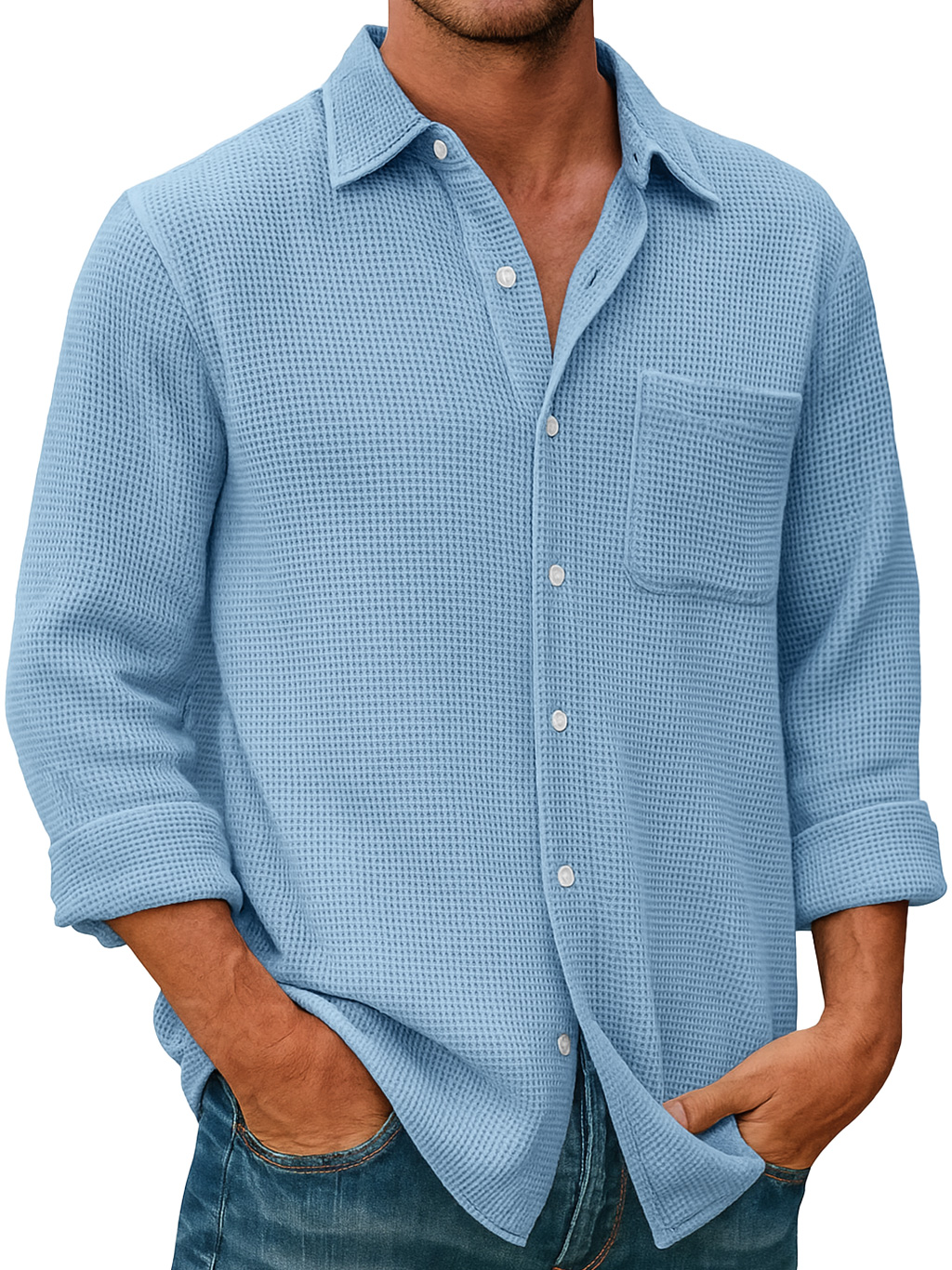 Men's Waffle Everyday Casual Pocket Comfort Long Sleeve Shirt