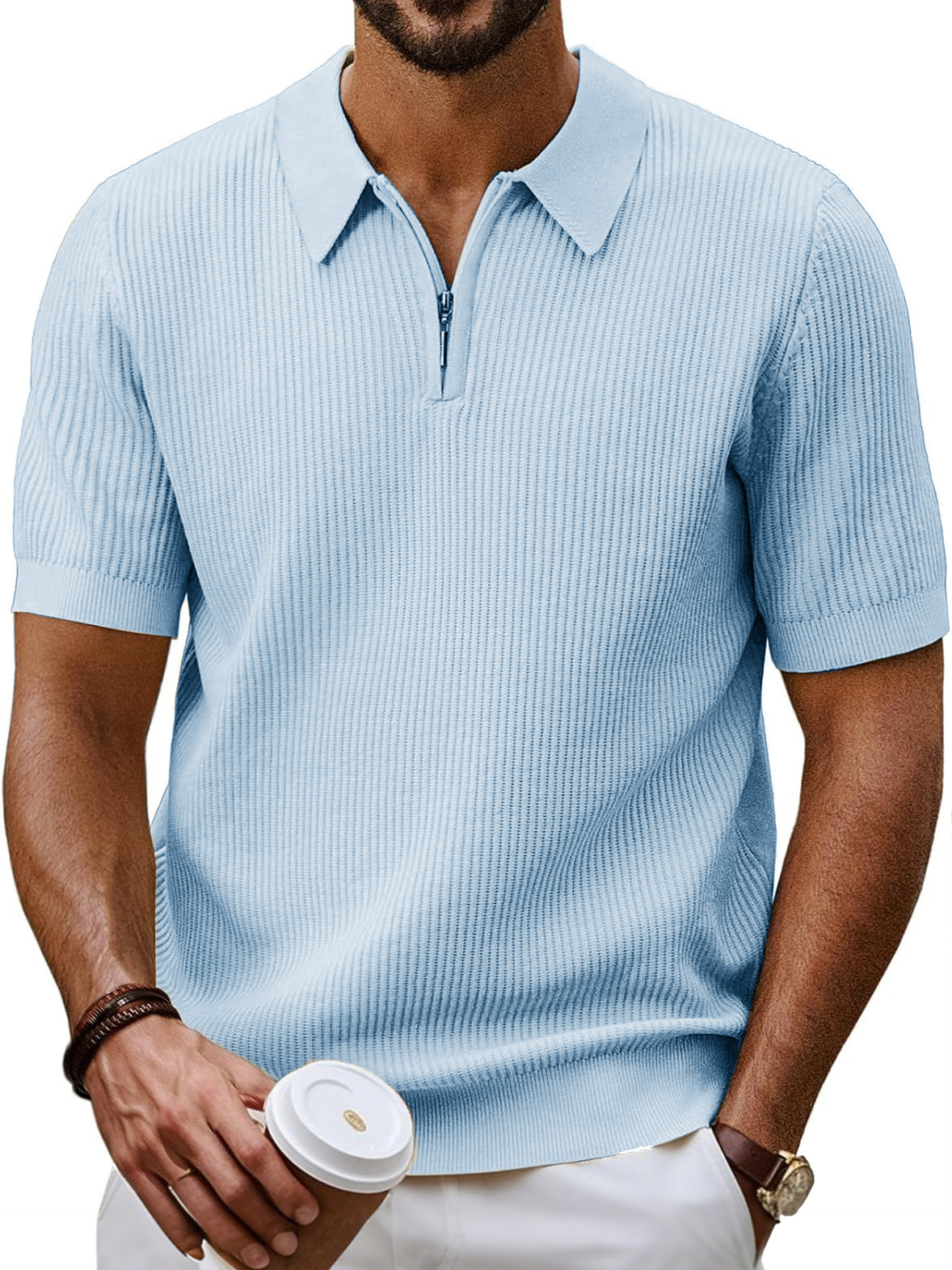 Men's Fashion Daily Casual Ripstop Fabric Zipper Short-sleeved Polo Shirt