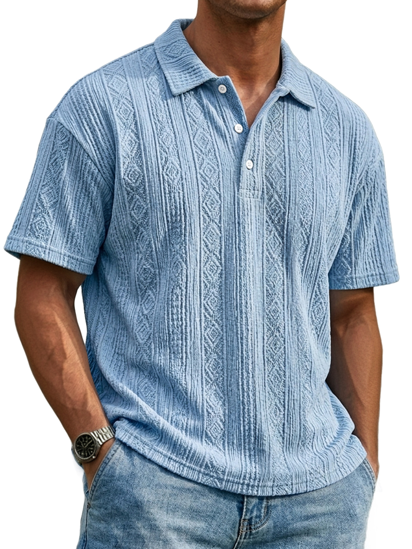 Men's Everyday Textured Collar Button-down Casual Short-sleeved Polo Shirt