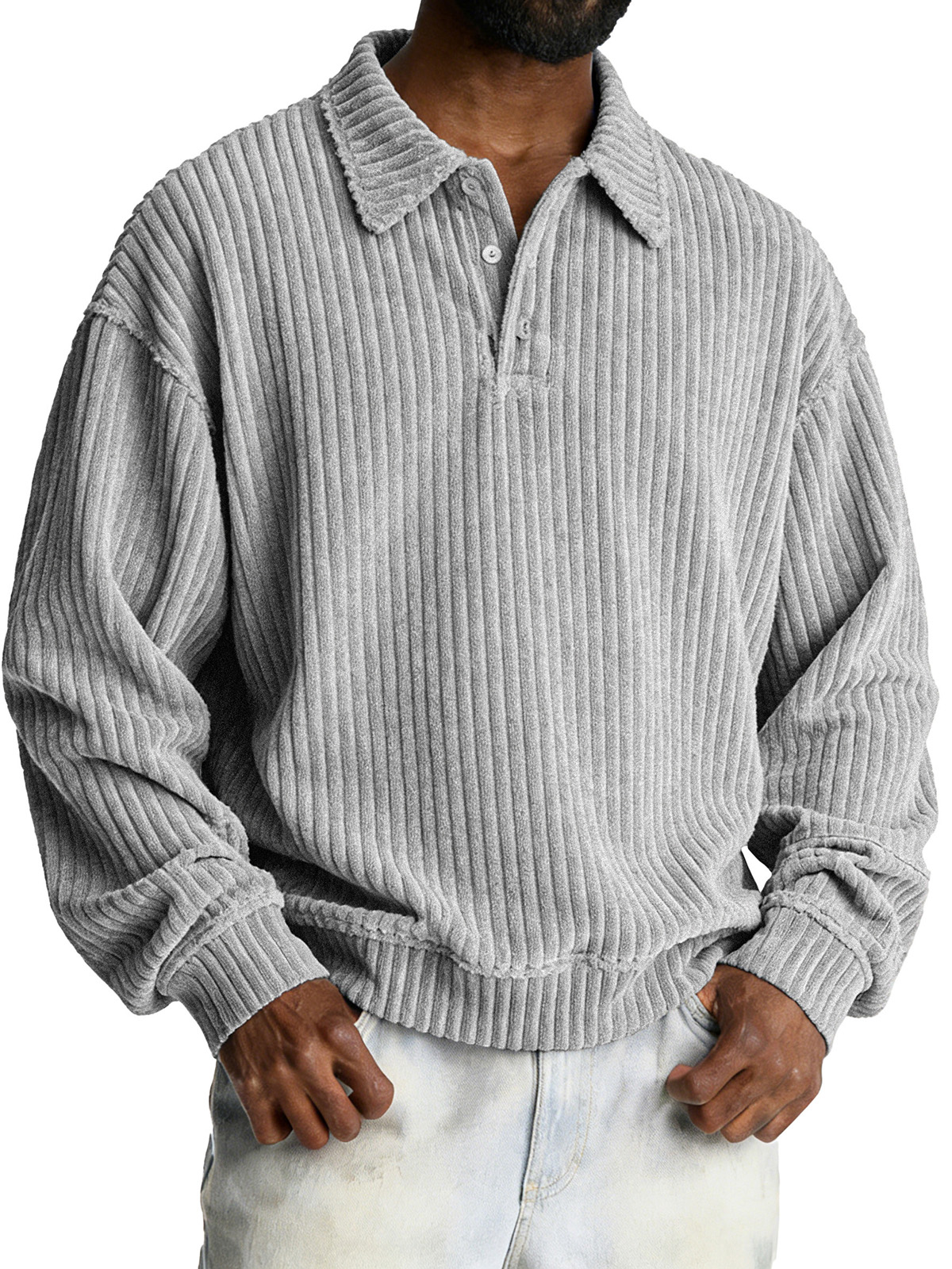 Fashionable Retro Loose Pit Strip Fabric Lapel Long-sleeved Polo Shirt