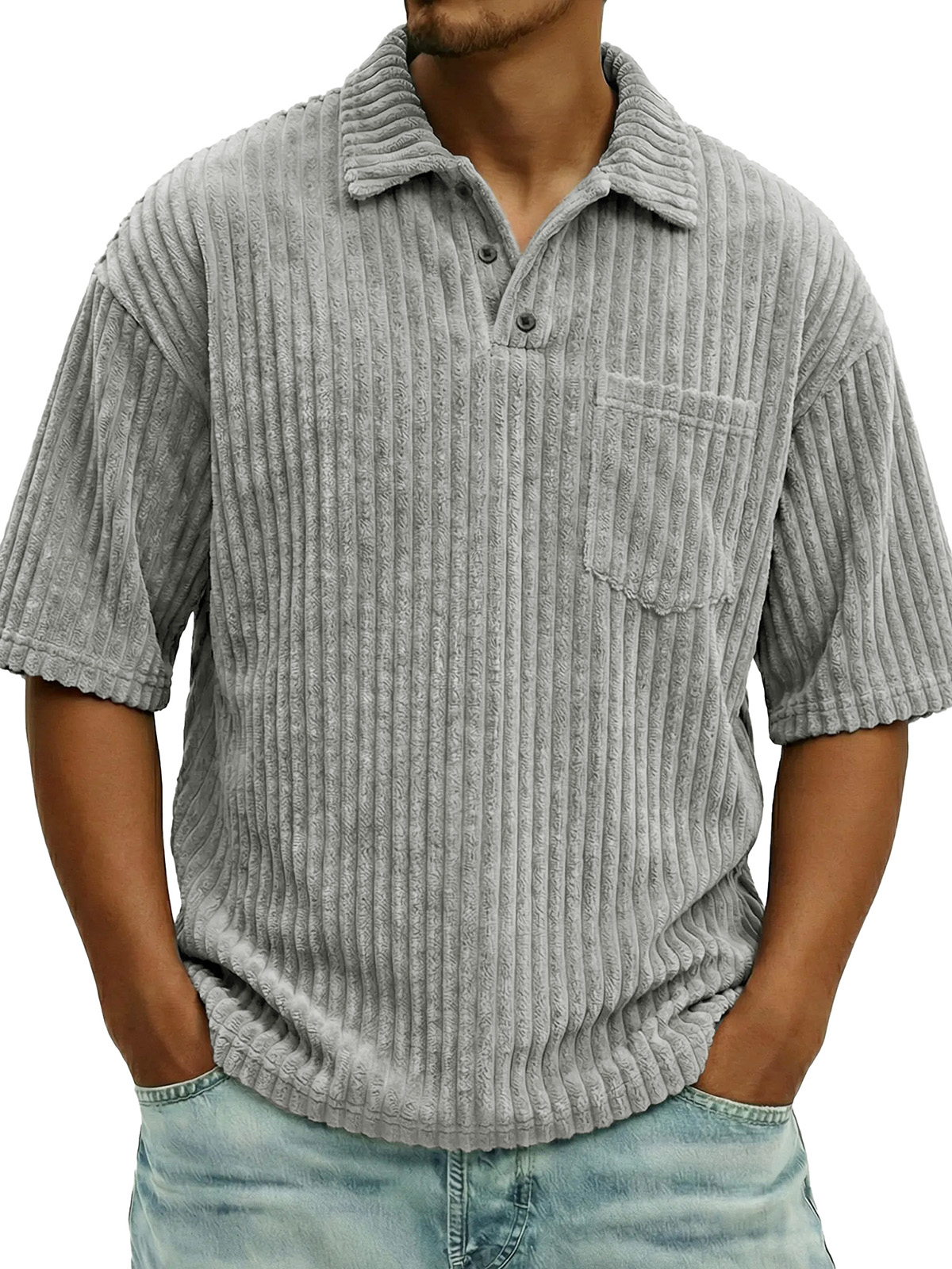 Men's Fashionable Ribbed Pocket Collar Short-Sleeve Polo Shirt