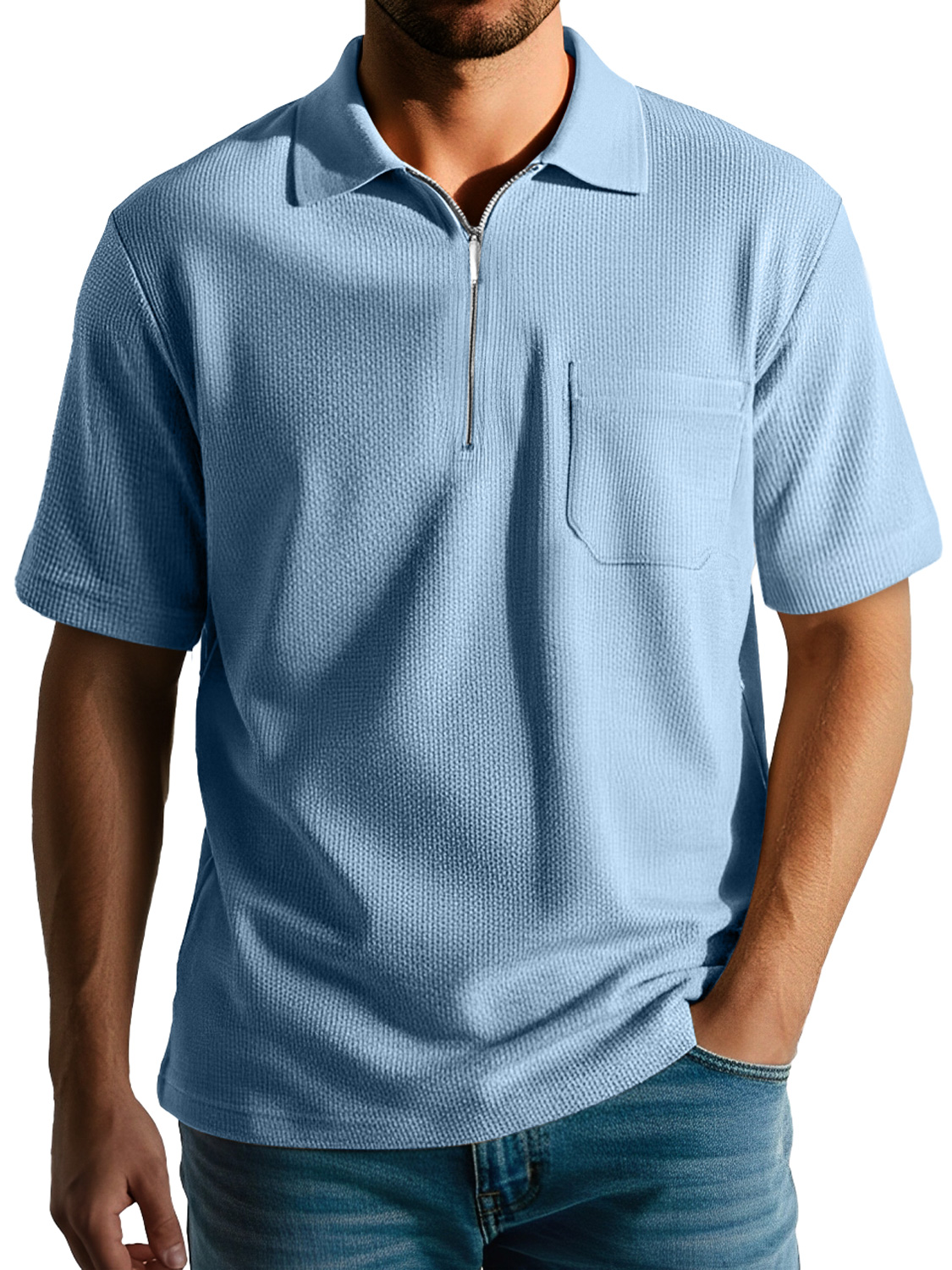 Men's Daily Casual Texture Lapel Zipper Comfortable Short-sleeved Polo Shirt