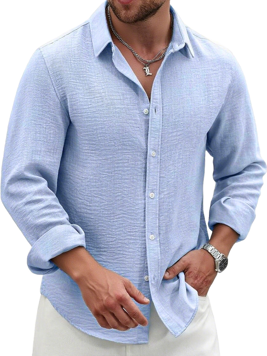 Men's Fashion Casual Pleated Fabric Lapel Long-sleeved Shirt