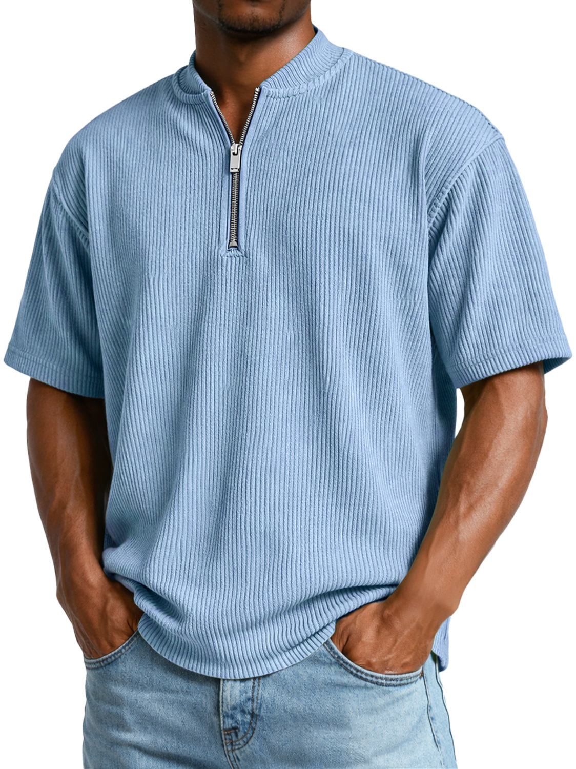 Men's Everyday Ribbed Zip-up Short-sleeved Casual T-shirt