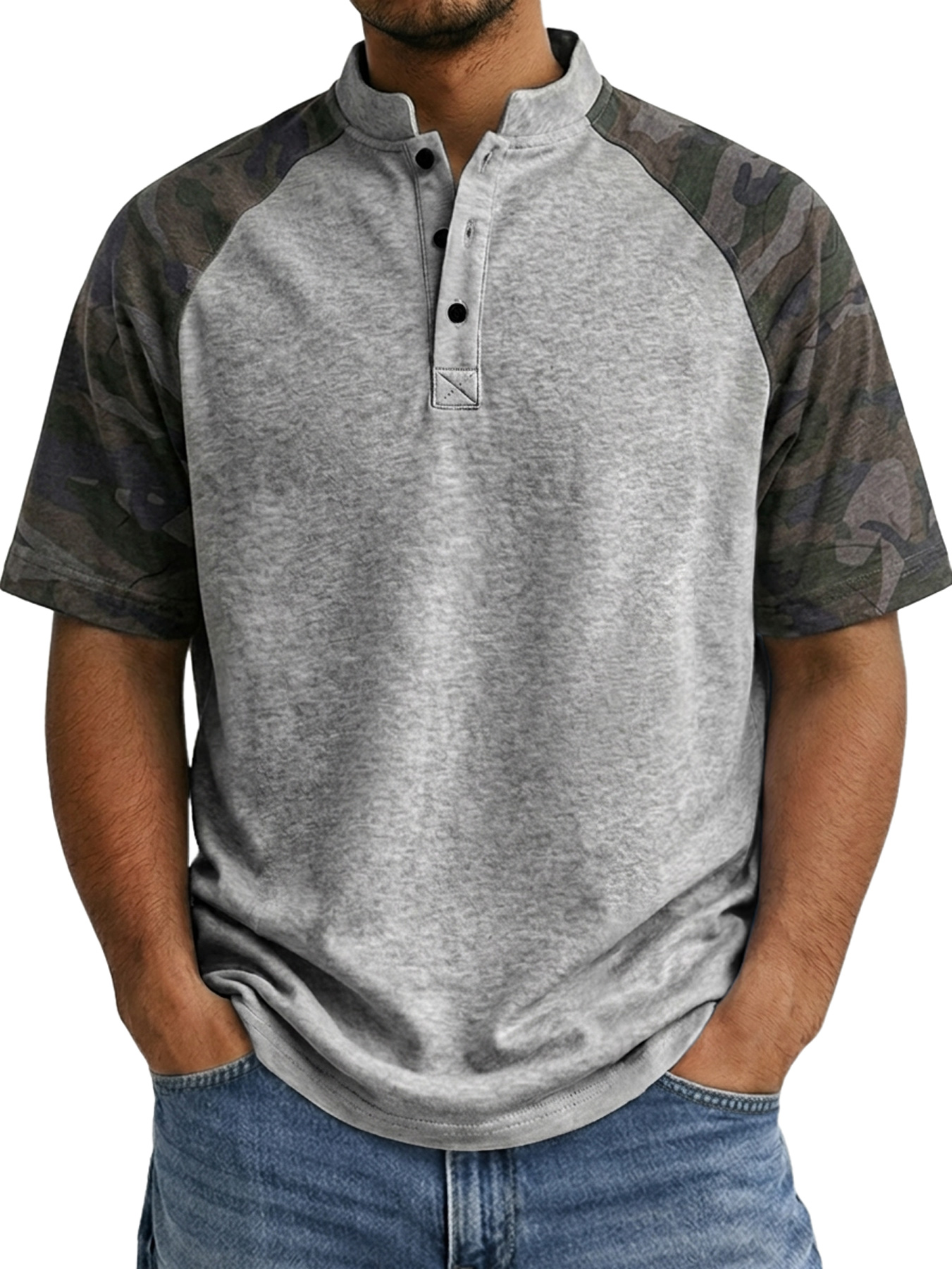 Men's Raglan Camo Casual Stand Collar Short Sleeve Henley Shirt