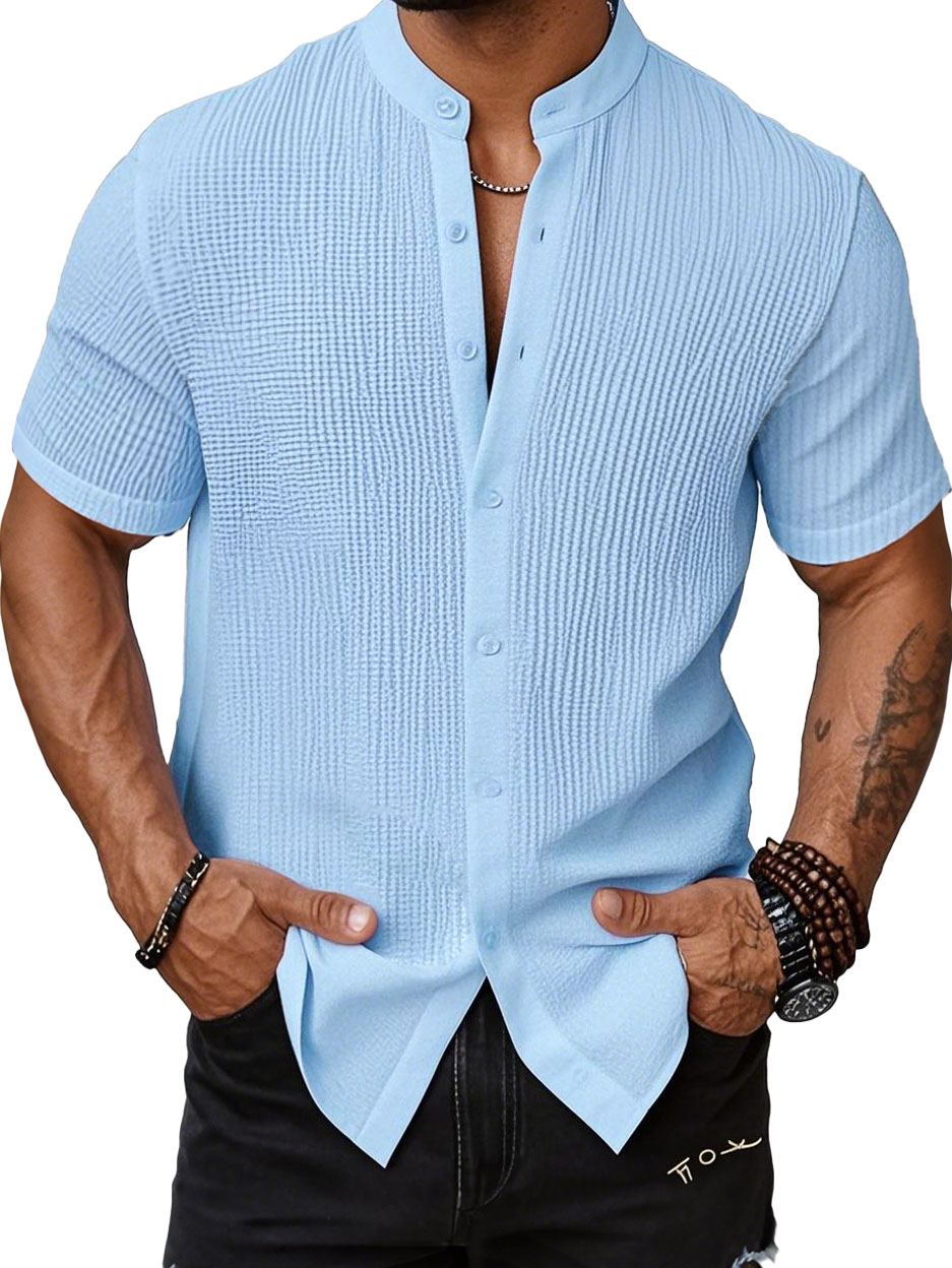 Men's Fashion Casual Bubble Wrinkle Fabric Stand-up Collar Short-sleeved Shirt