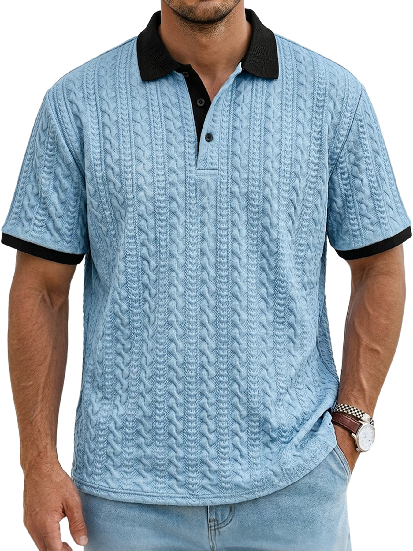 Men's Textured Collar Button-Up Casual Comfort Short-Sleeve Polo Shirt