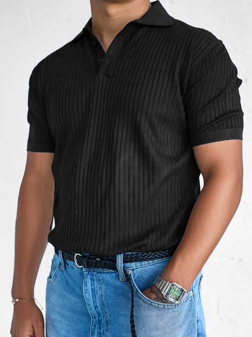 Men's Fashion Casual Retro Ribbed Fabric Short-sleeved Lapel Polo Shirt