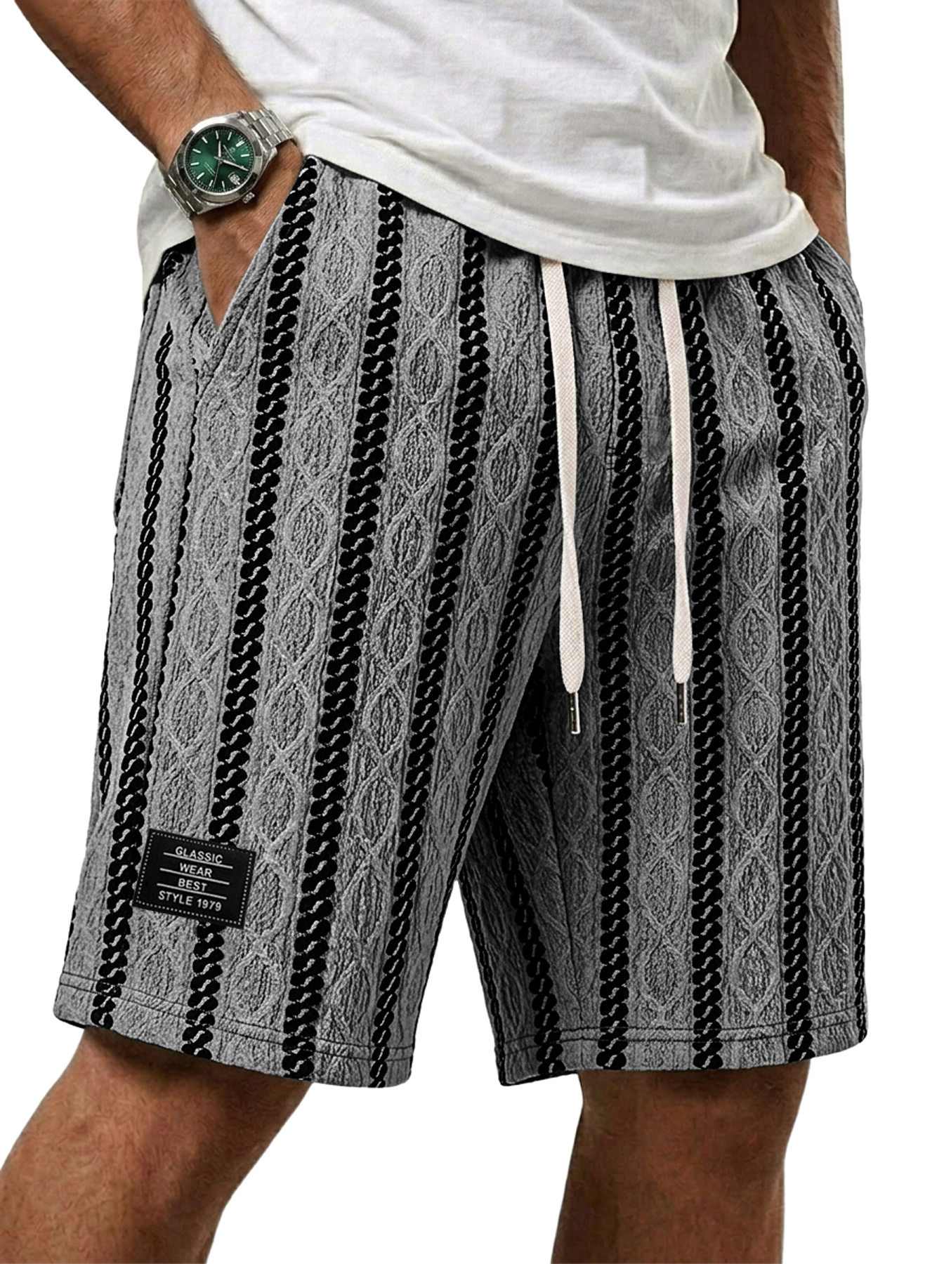 Men's Casual Jacquard Textured Embroidered Logo Loose Shorts
