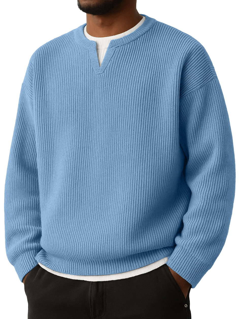 Men's Simple Striped Jacquard V-Neck Faux Two-Piece Casual Long-Sleeve T-Shirt