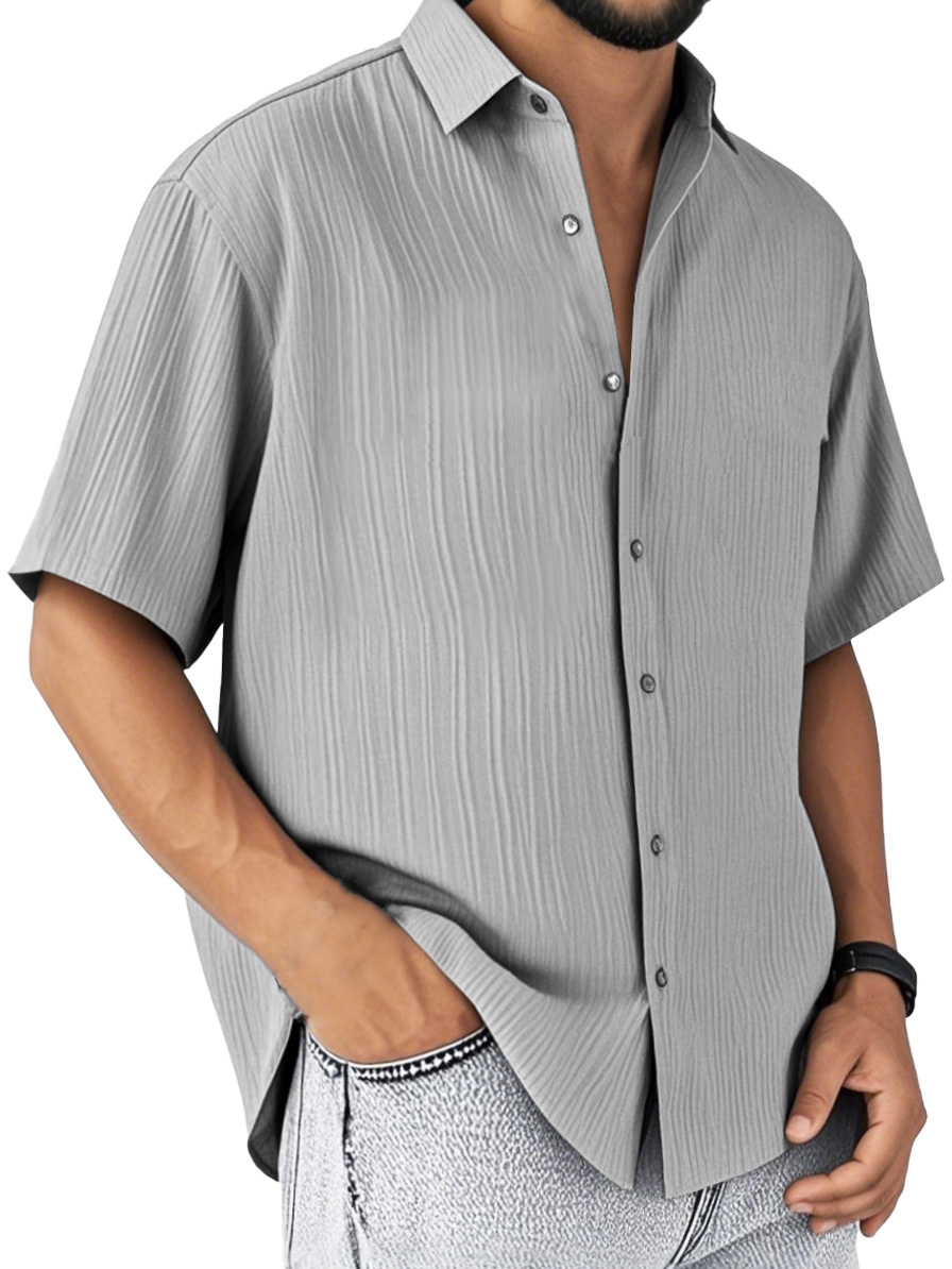 Men's Fashion Casual Striped Fabric Short-sleeved Lapel Shirt