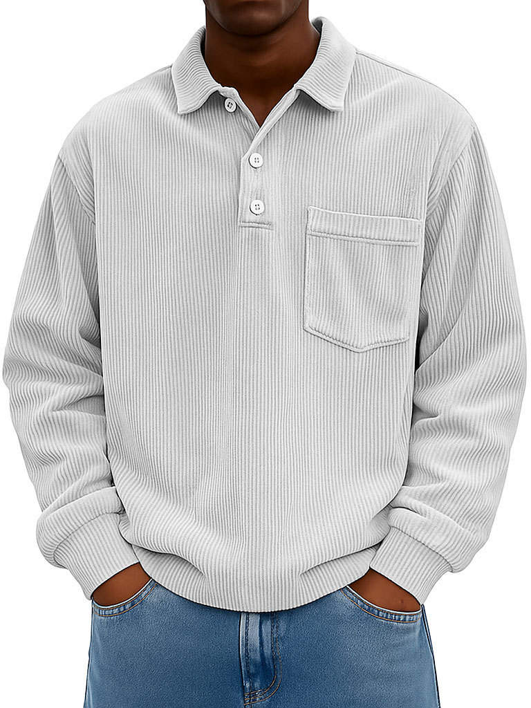 Men's Clothing Fashionable Casual Retro Lapel Corduroy Pit Strip Fabric Long-sleeved Pocket Polo Shirt