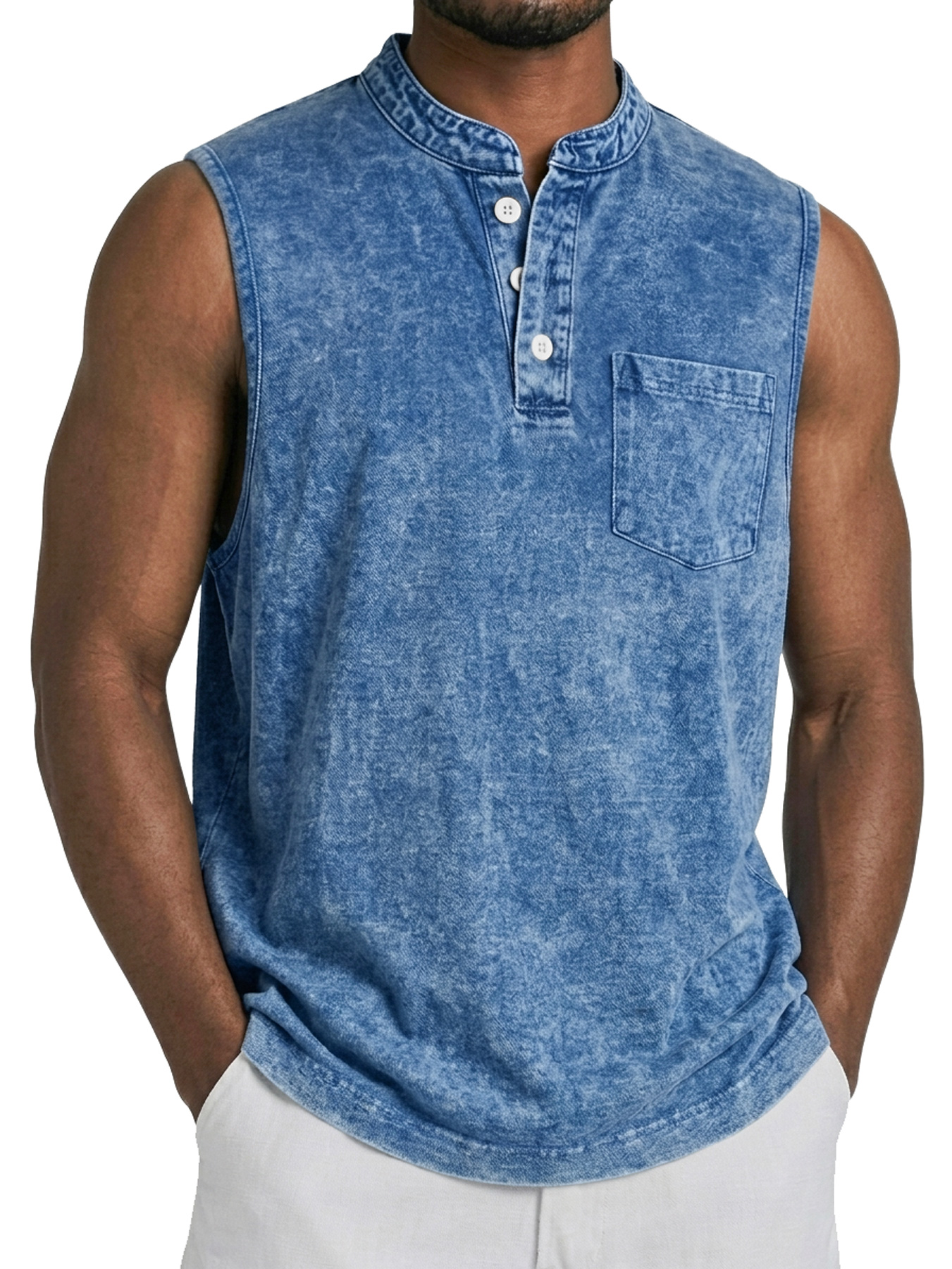 Men's Retro Stand Collar Button Casual Pocket Sleeveless Vest