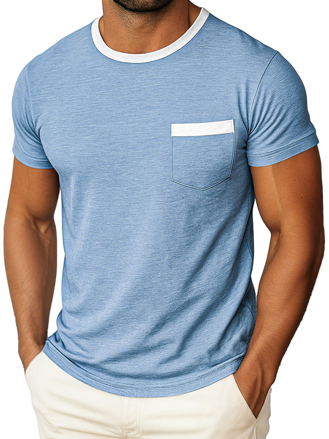Men's Daily Round Neck Color Matching Pocket Casual Short Sleeve T-shirt