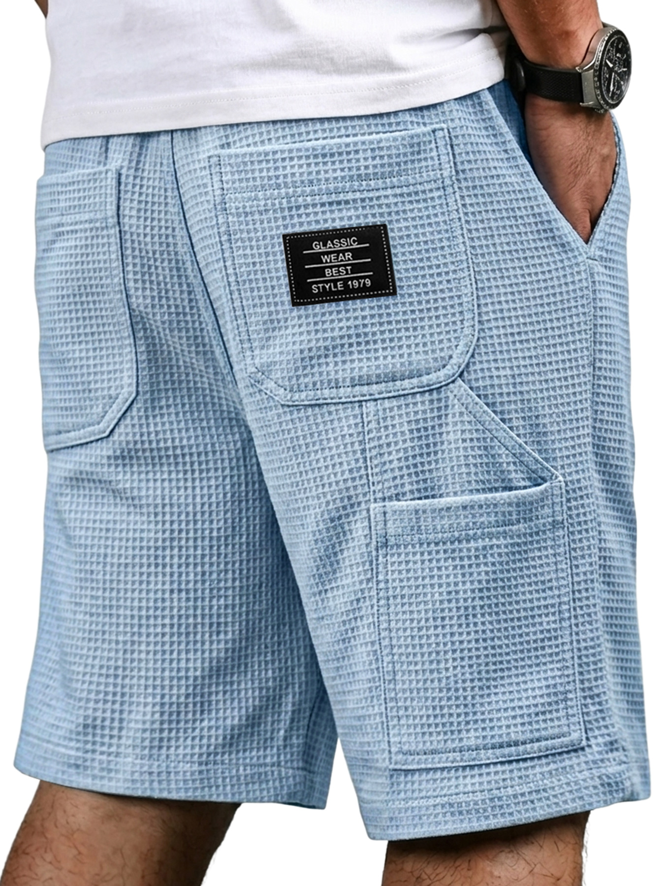 Men's Waffle-patterned Multi-pocket Embroidered Logo Casual Cargo Shorts