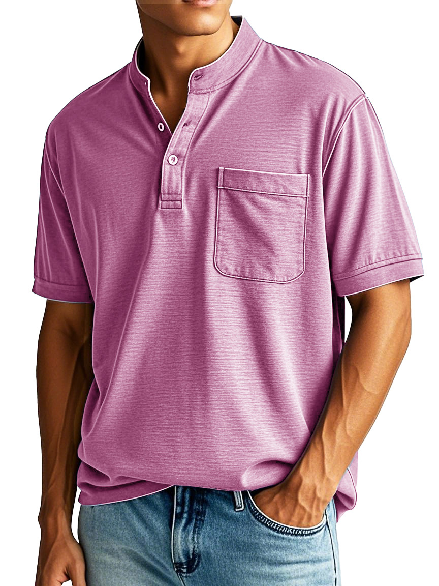 Men's Fashion Casual Stand-up Collar Pocket Short-sleeved Henley Shirt