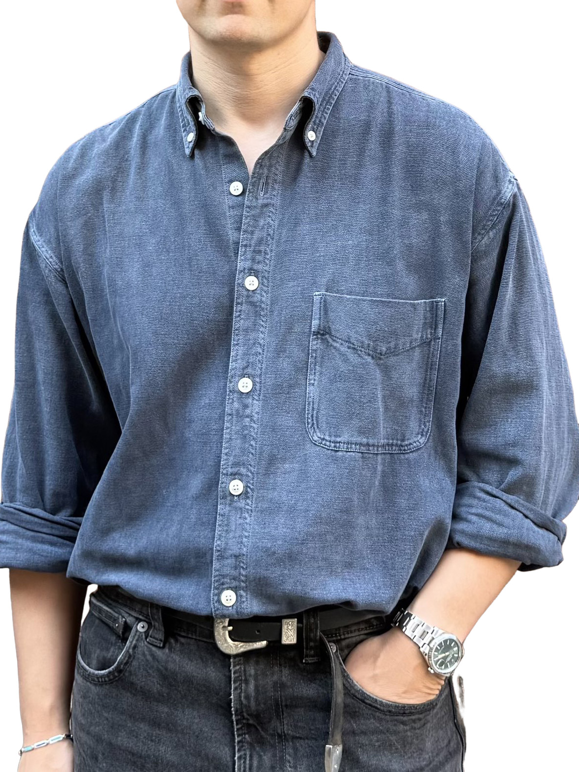 Men's Retro Fashion Distressed Pocket Long-Sleeve Shirt