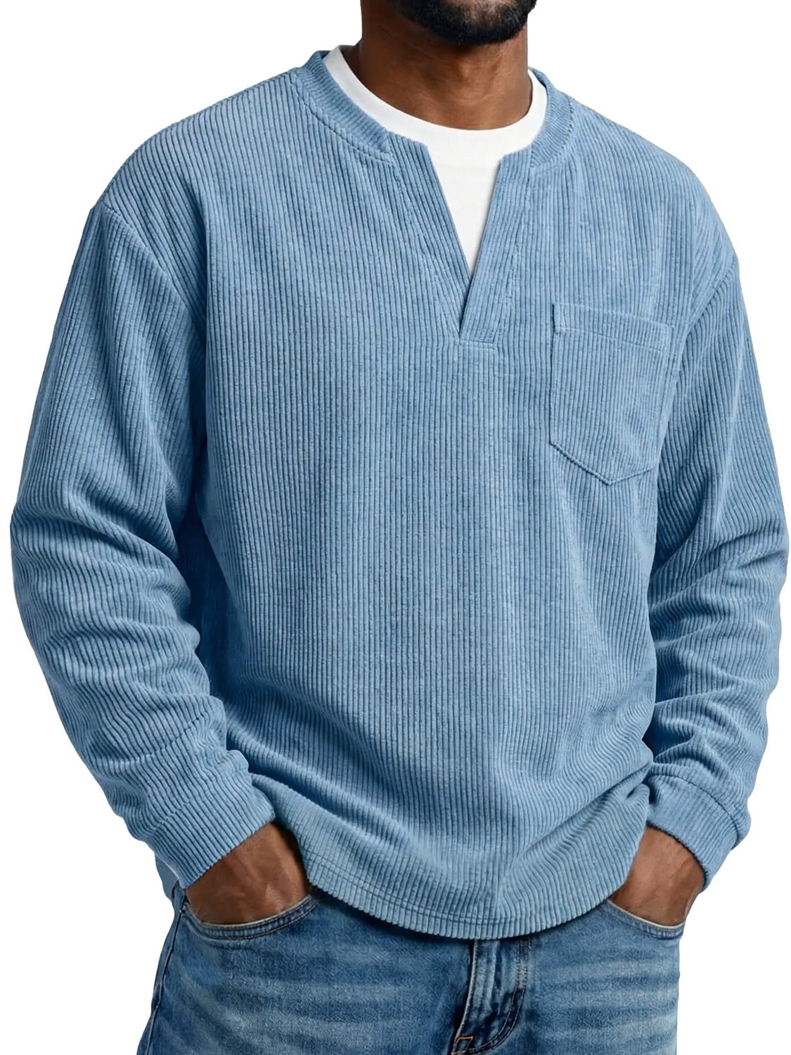 Men's Everyday Corduroy Faux Two-piece Casual Pocket Long-sleeved T-shirt
