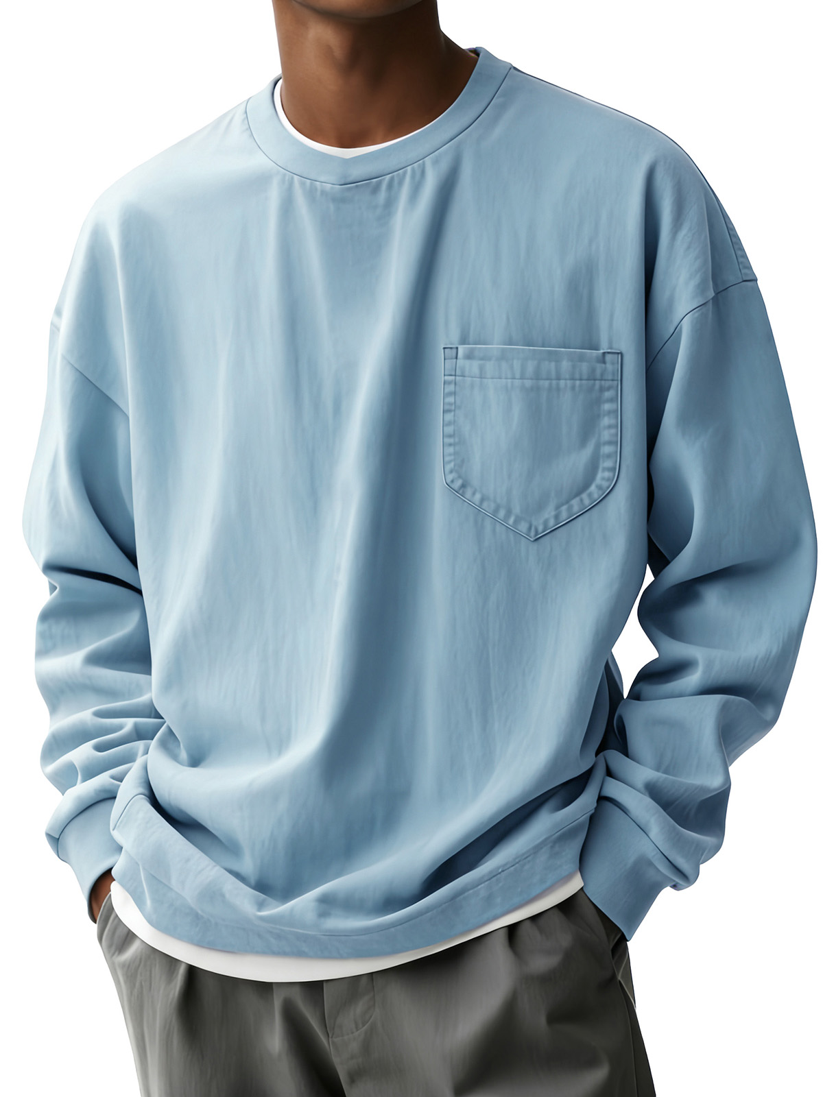 Men's Fashion Casual Pleated Fabric Round-neck Pocket Long-sleeve Top