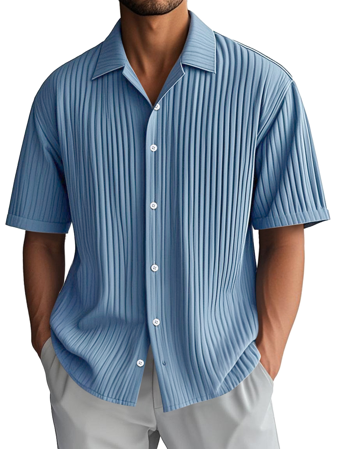 Men's Daily Casual Ribbed Lapel Comfortable Short-sleeved Shirt